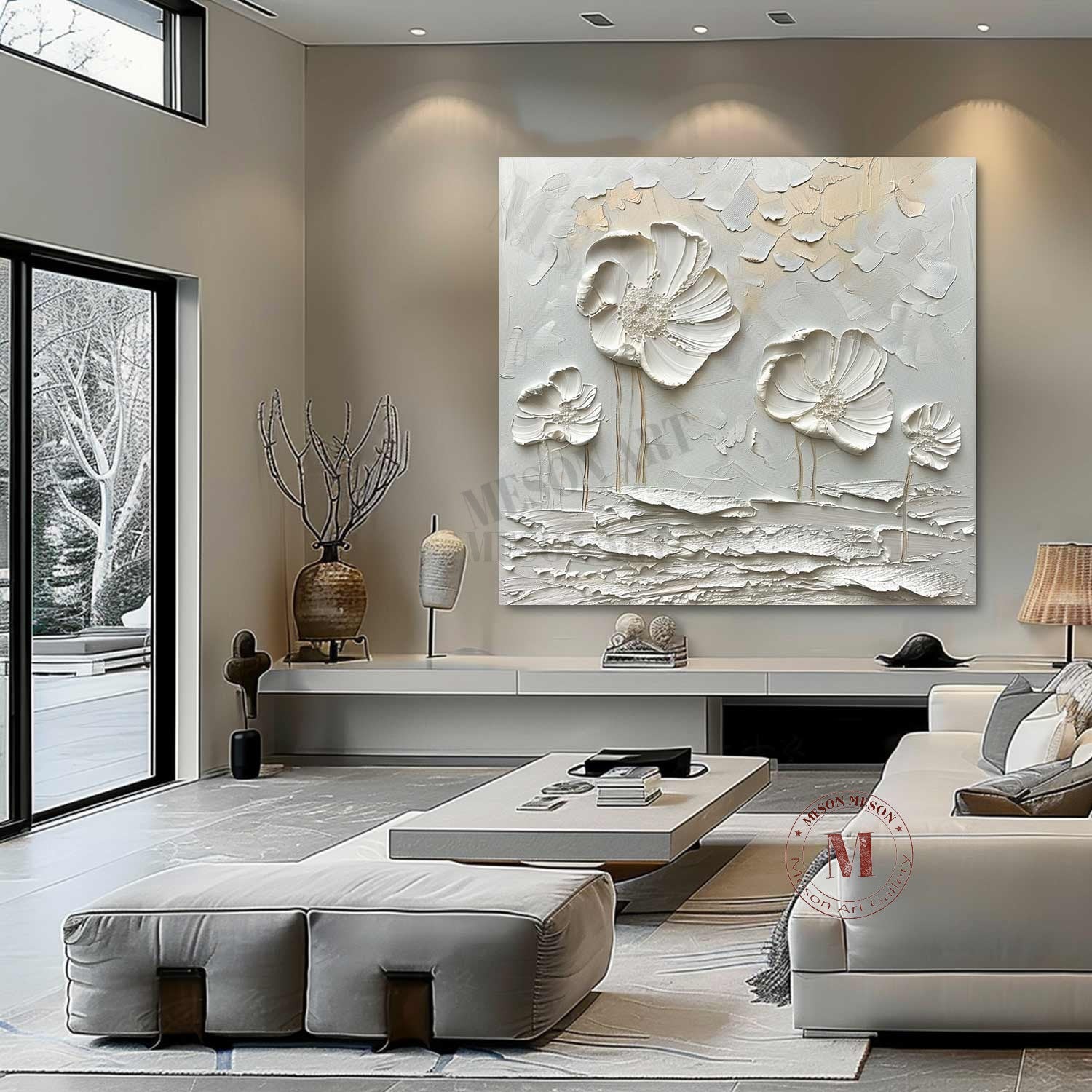 White floral plaster art canvas White Flowers plaster texture painting White floral texture wall art