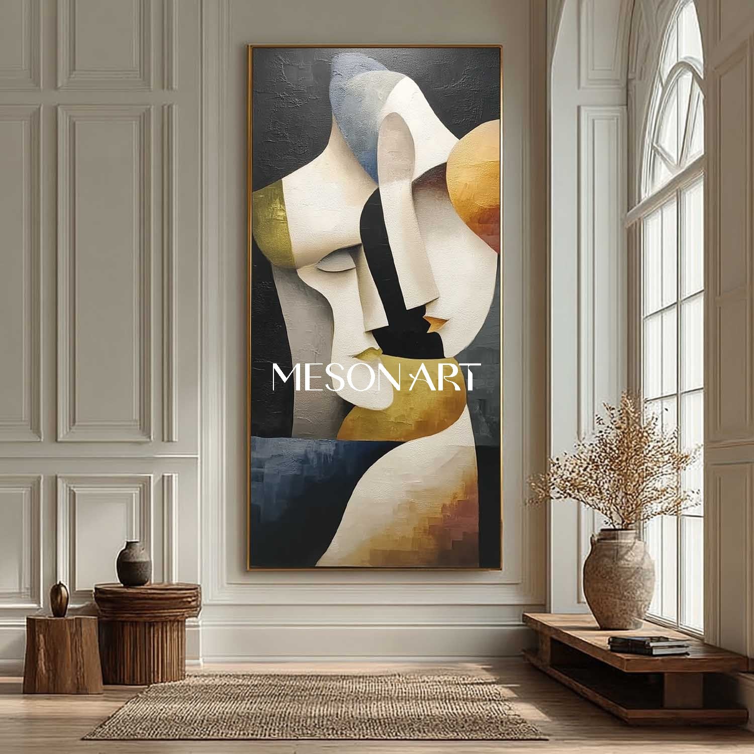 Cubist Vertical Gold Geometric Abstract Couple Original Oil Painting