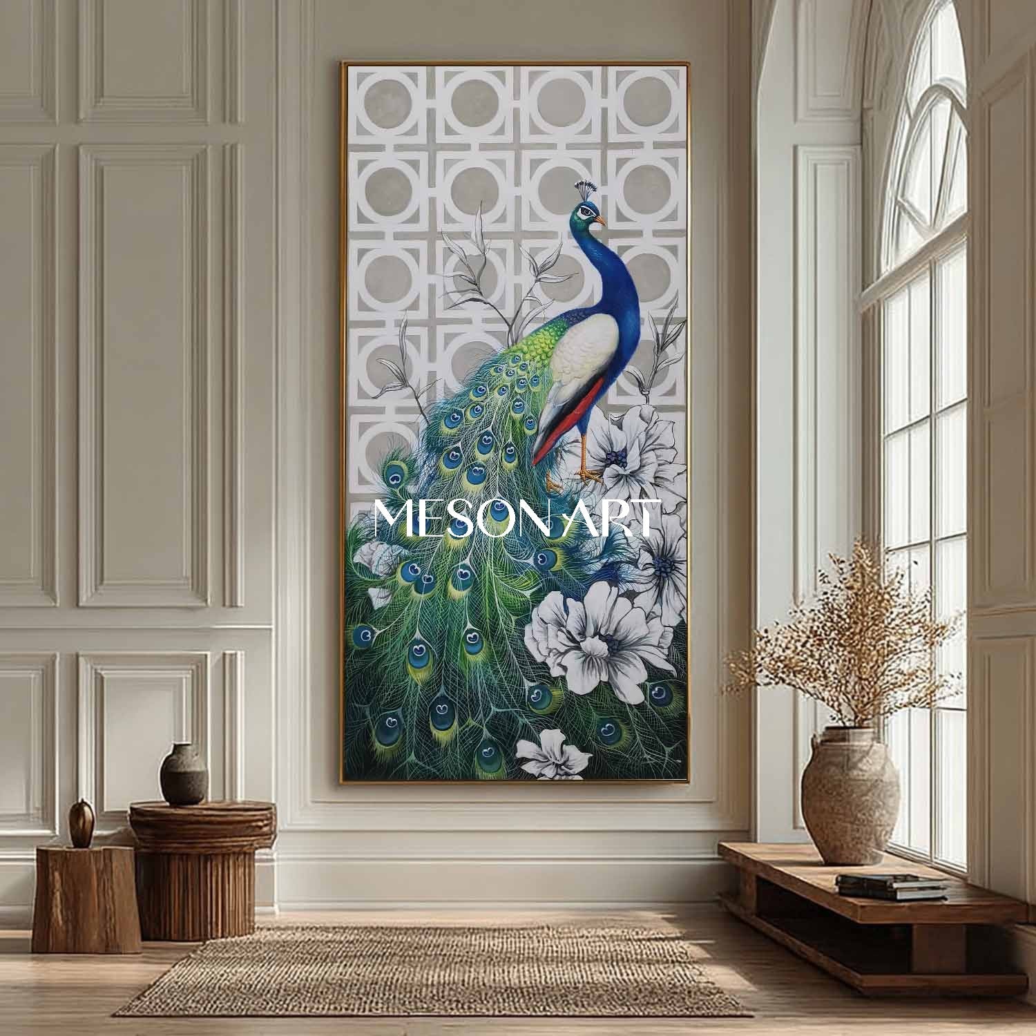 Green Peacock Modern Hand-Painted Painting Vertical Canvas On Sale