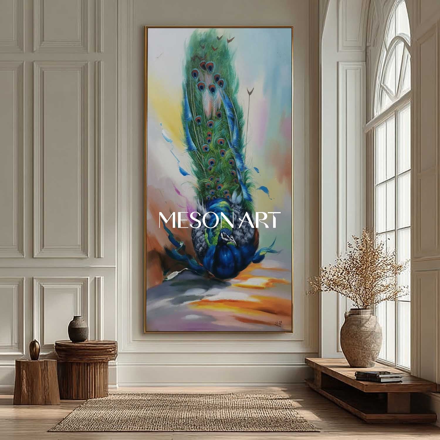 Luxury Peacock Wall Art Hand-Painted Colorful Canvas Painting Entryway