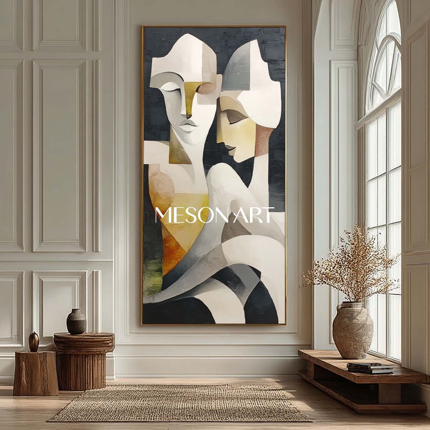 Vertical Textured Cubist Abstract Couple Large Canvas Oil Painting