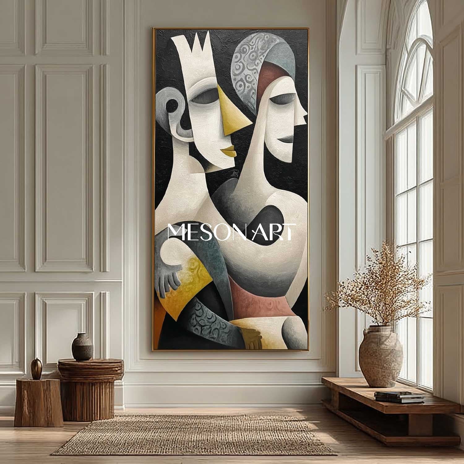 Luxury Surreal Cubist Canvas Black Abstract Textured Art Hallway