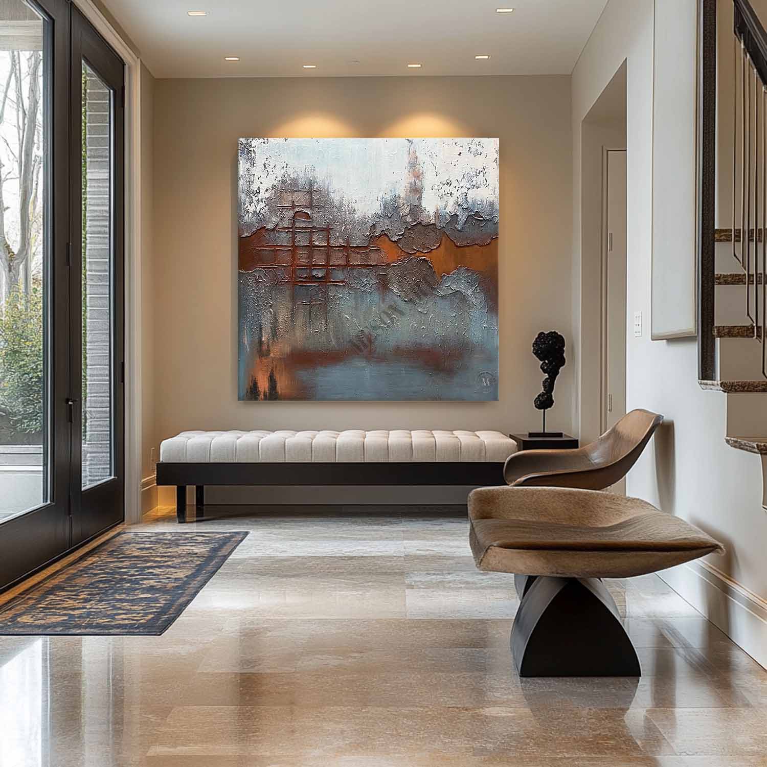 Brown and Blue Abstract Art Canvas for Sale Brown and Blue Minimalist Painting Wabi-Sabi Wall Art