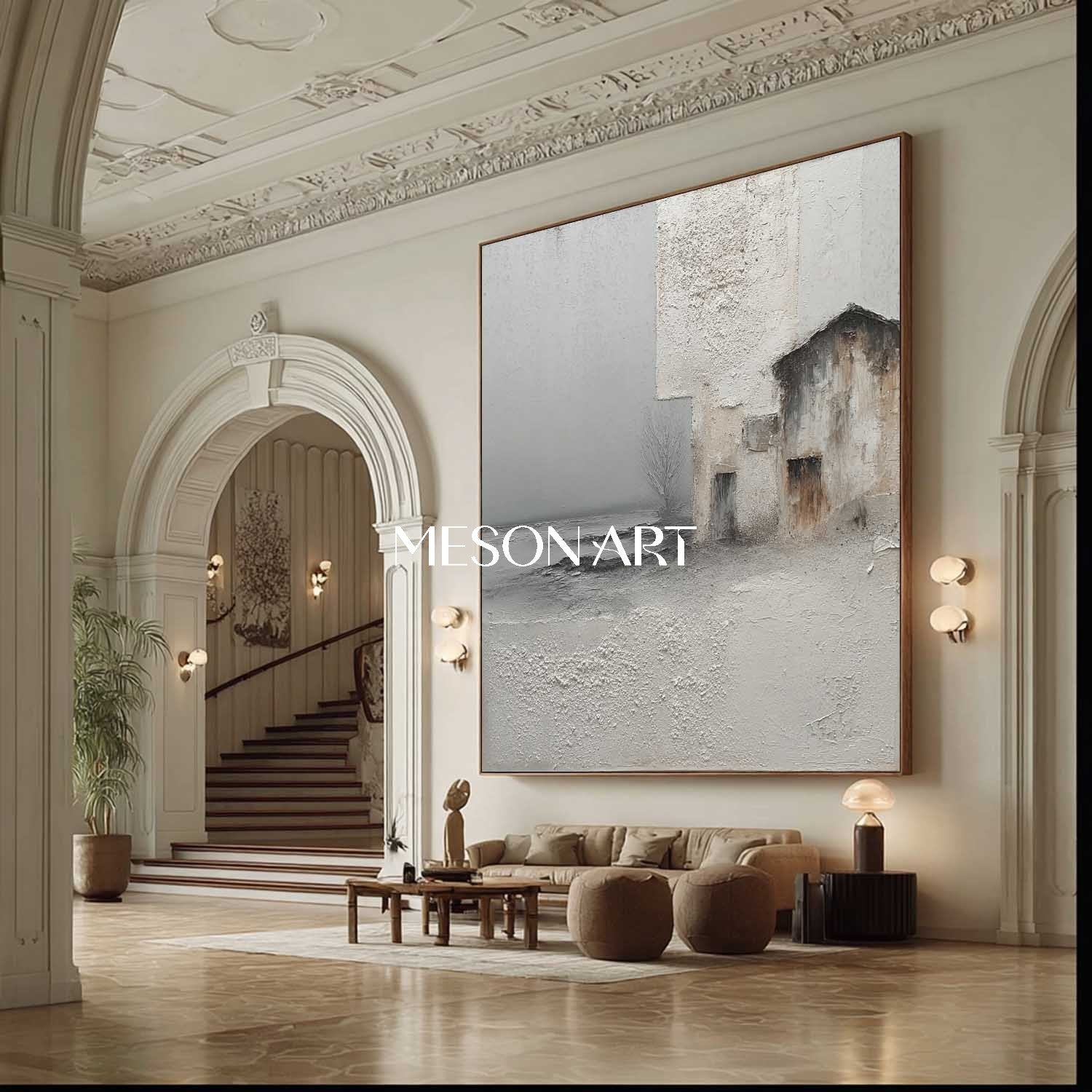 3D Light Grey Canvas Landscape Wall Painting Wabi-Sabi Abstract Painting