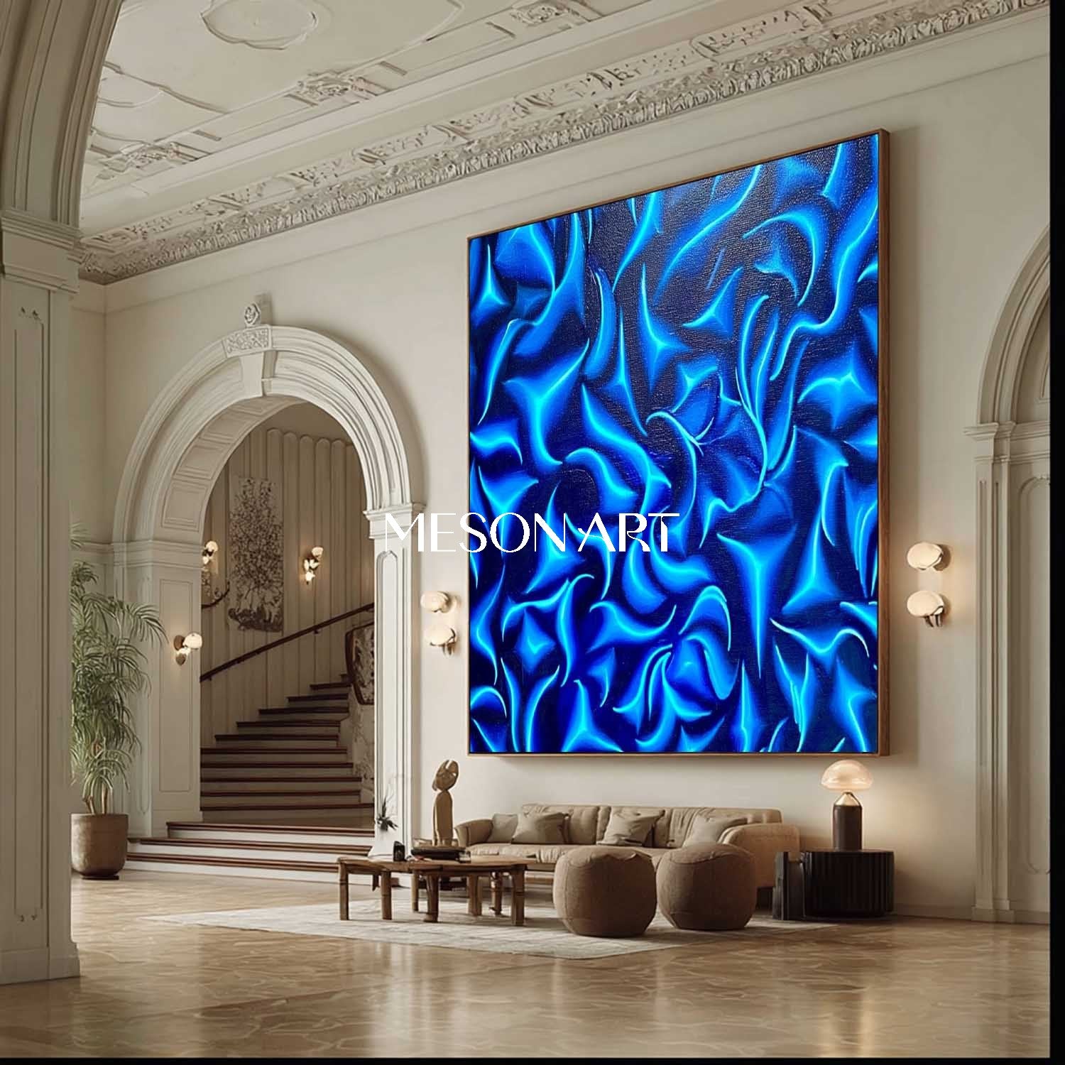 Large Blue Abstract Textured Painting Modern Wall Art for Living Room