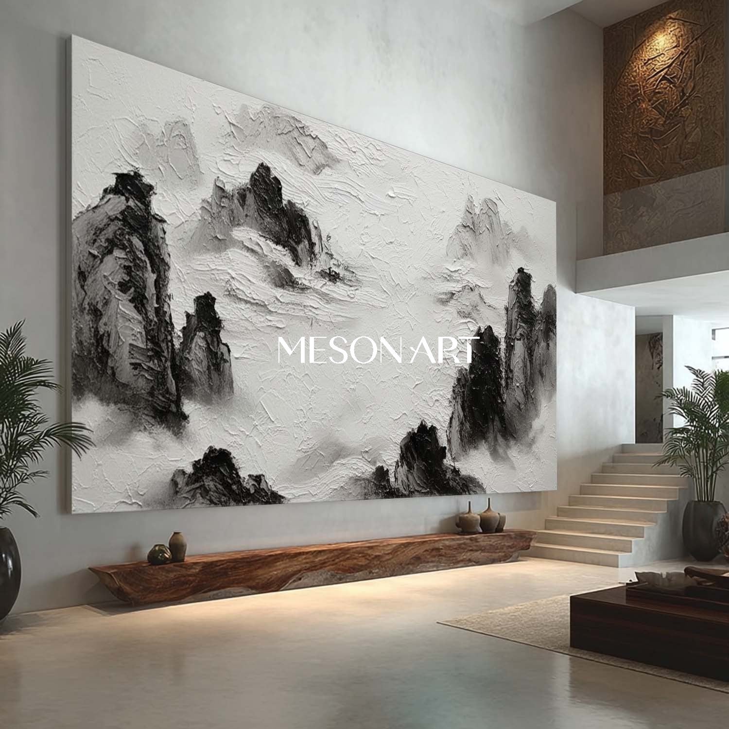 Large White Black Landscape 3D Textured Mountain Canvas Living Room