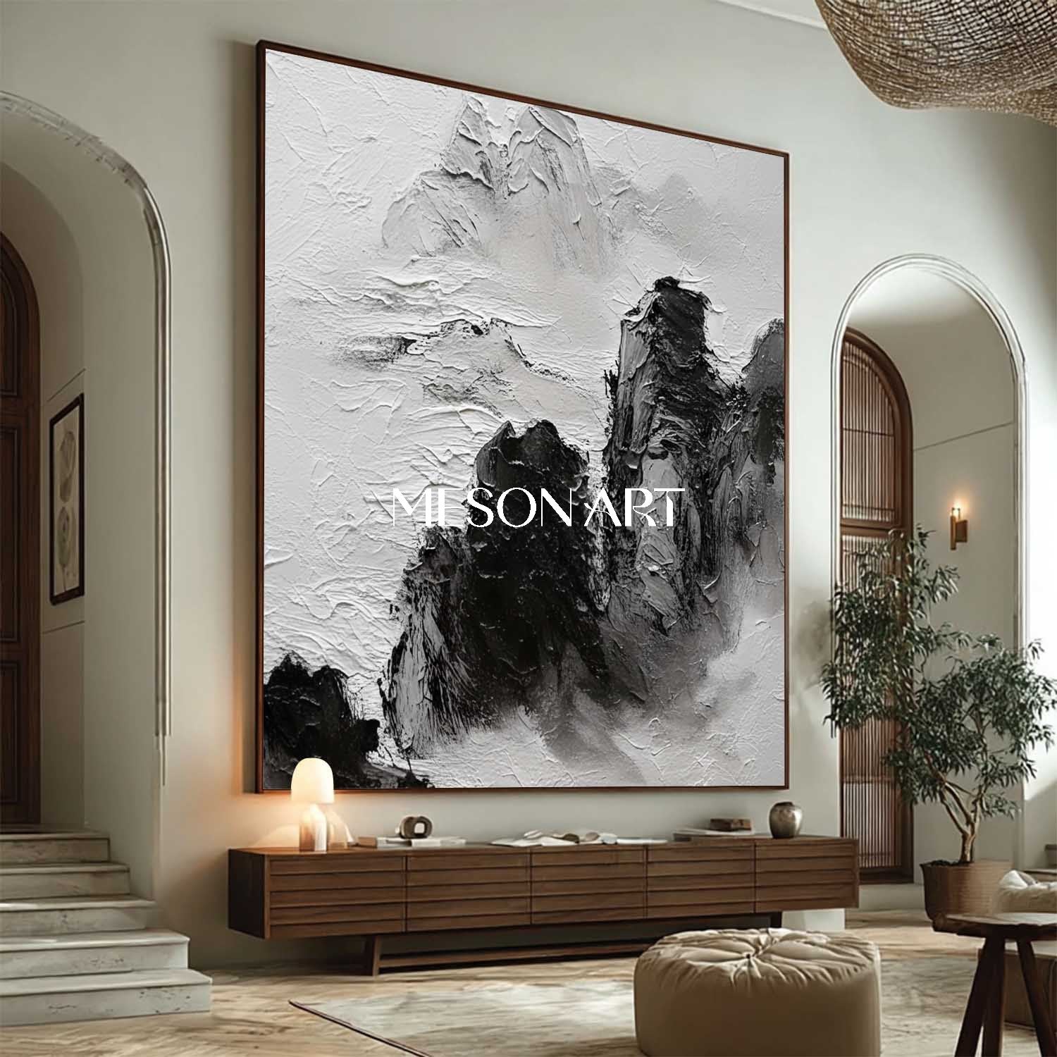 Large Black White Landscape Wabi Sabi Style Textured Canvas Wall Decor