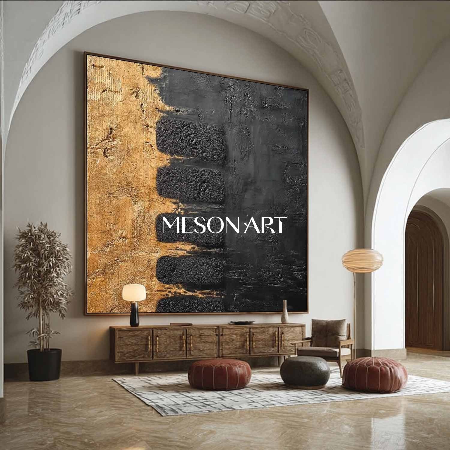 Textured Abstract Gold and Black Minimalist Art for Elegant Interiors