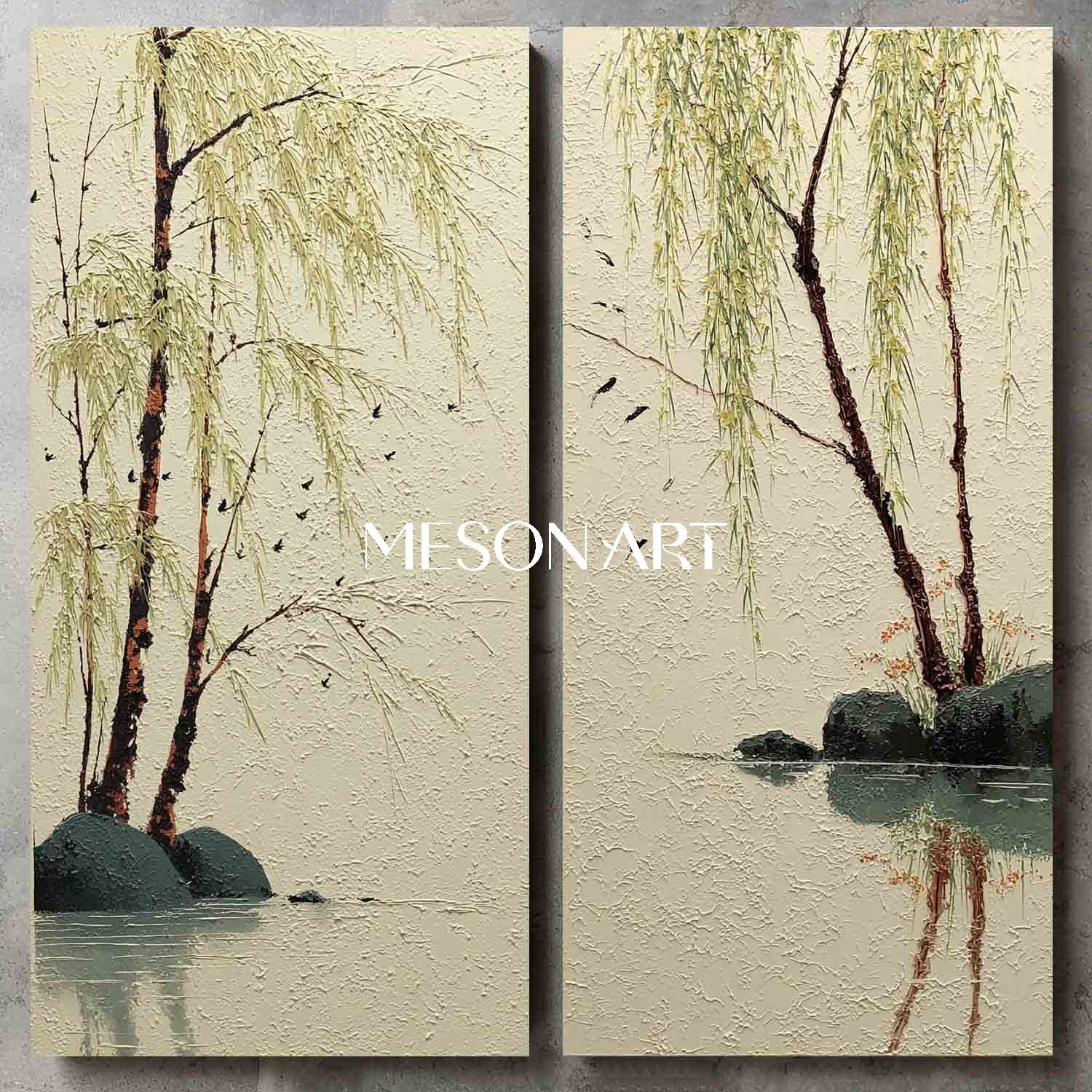 Large 2-piece Textured Chinese-Style Nature Painting on Canvas – Willow Grove Scene | Mesonart