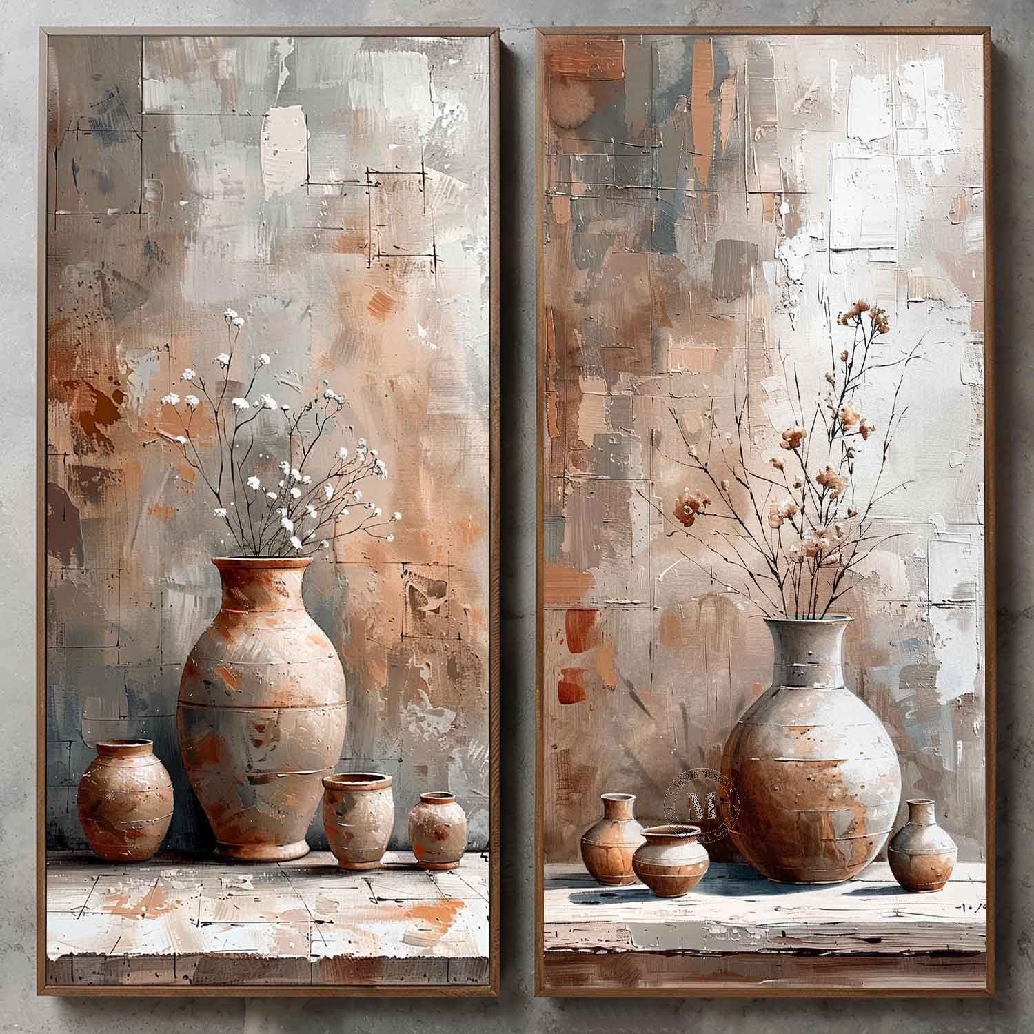 Set of 2 Clay Jar Vase Art Large Clay Jar Vase Canvas Art for Sale Clay Jar Clay Jar Still Life Painting