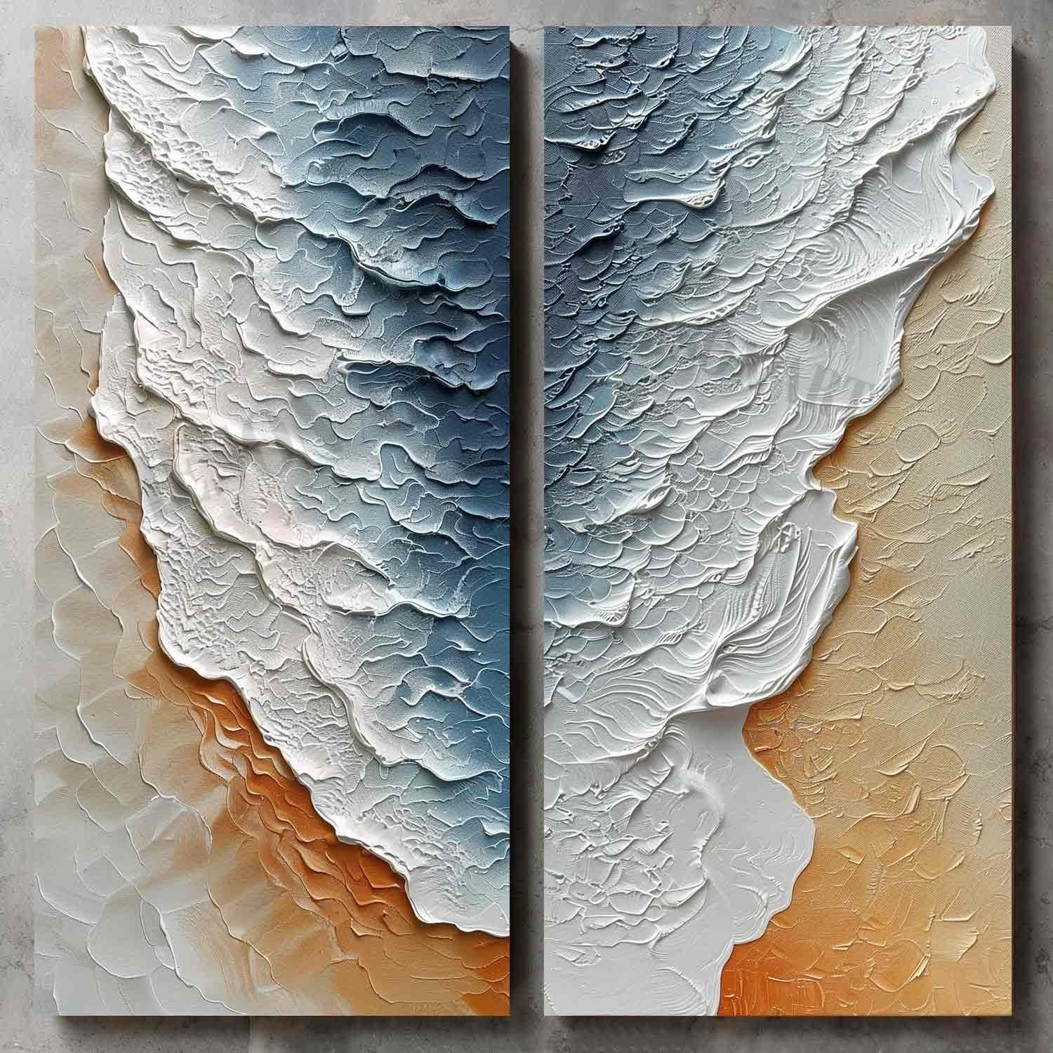 Large 3D White and Blue Ocean Wave Beach Texture Painting Set of 2 Ocean Wave Beach Canvas Wall Art