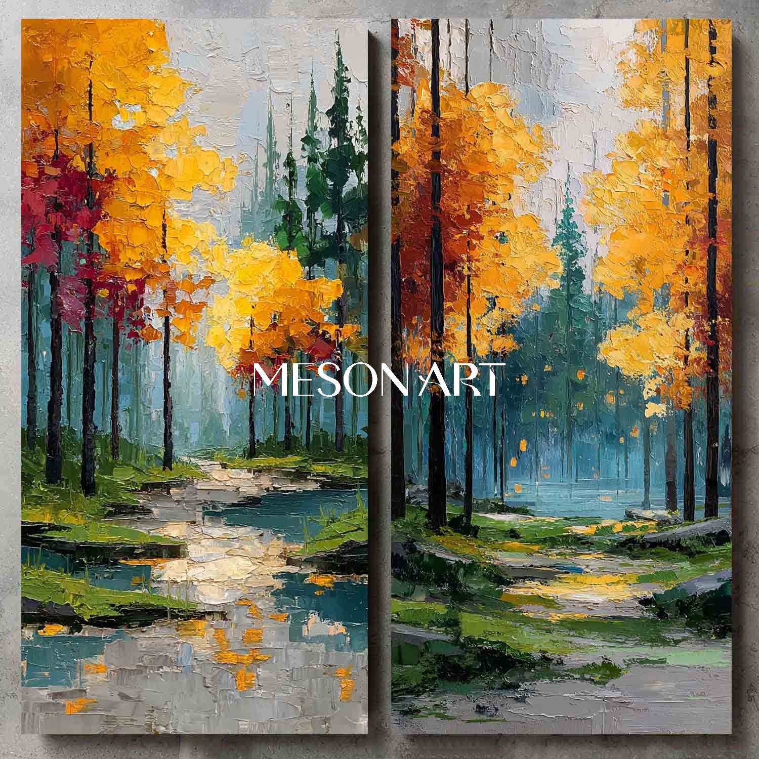 Large Handmade Autumn Canvas Art 2-piece Set Colorful Autumn Scene Art