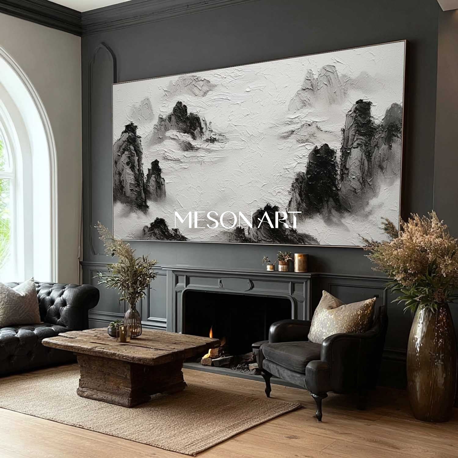 Large White Black Landscape 3D Textured Mountain Canvas Living Room