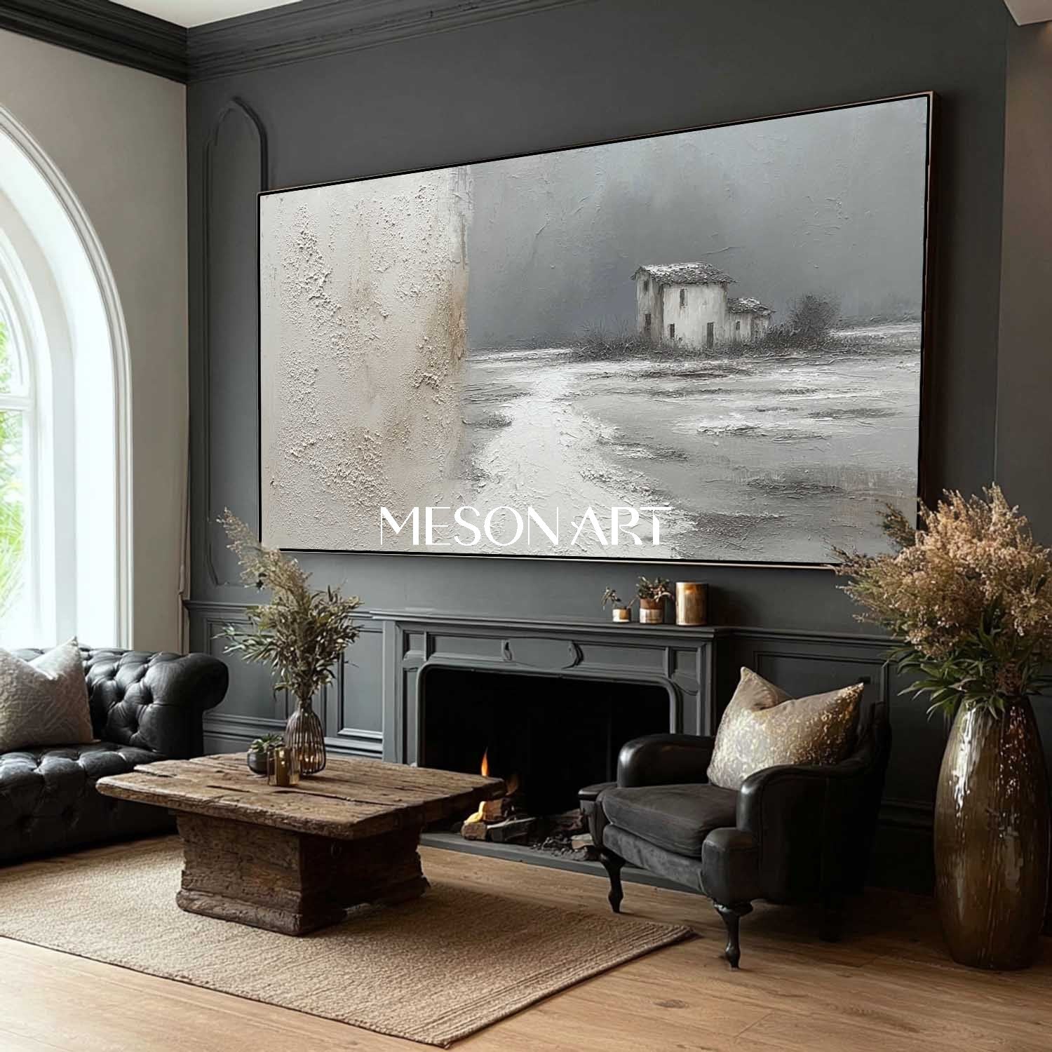 Large 3D Gray Minimalist Landscape Texture Painting Abstract Wall Art