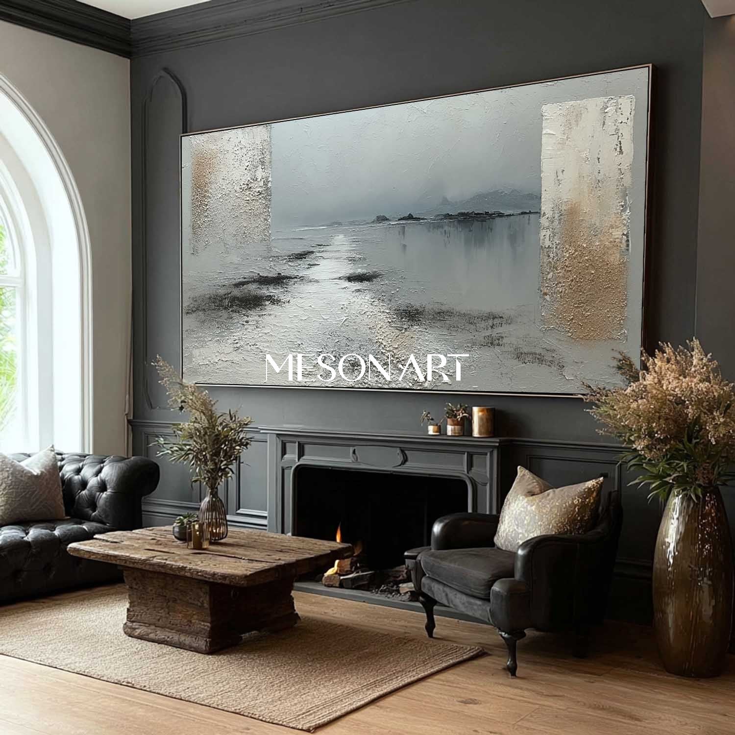 3D Light Grey Abstract Canvas Landscape Wall Painting Wabi-Sabi Art