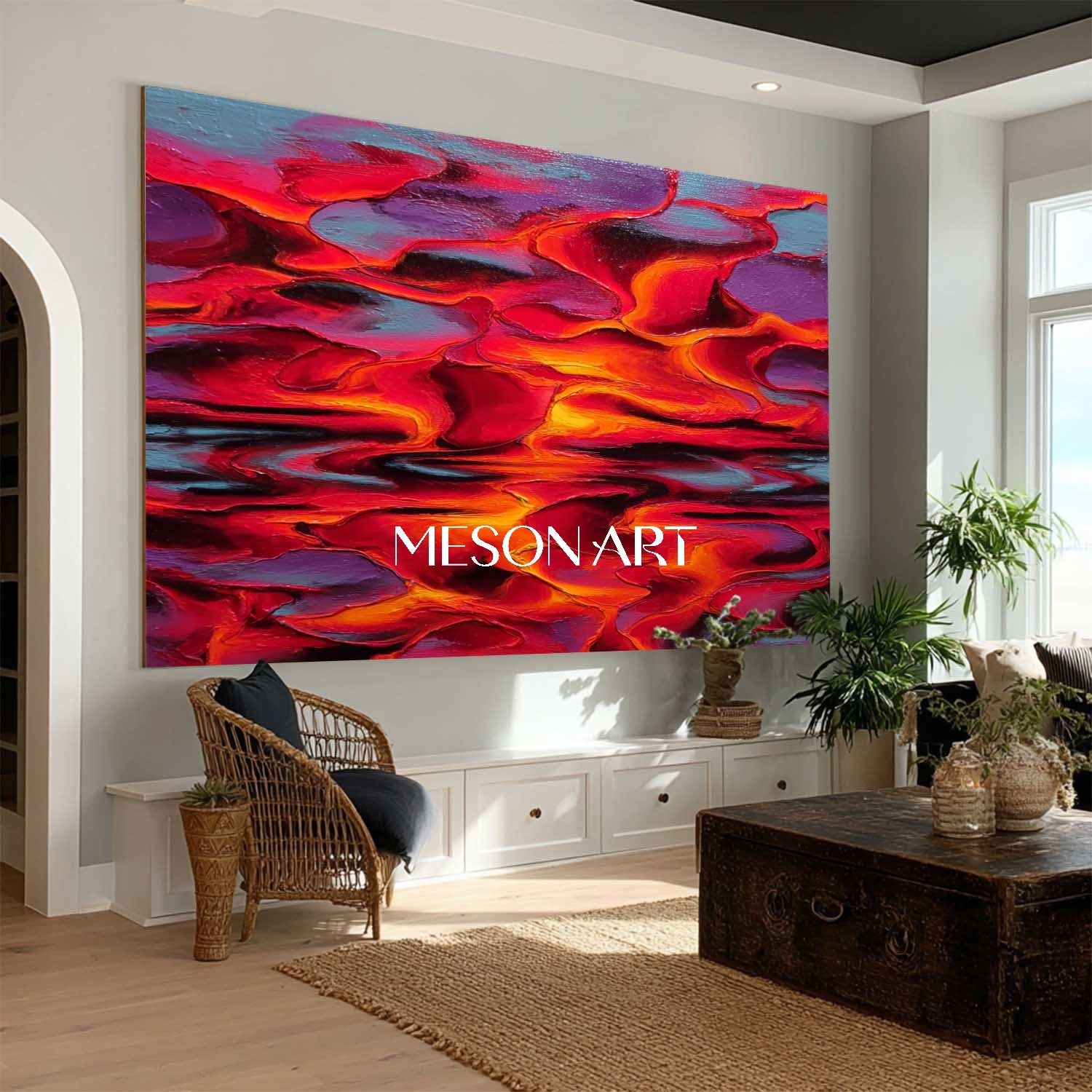 Bold Crimson Textured Abstract Painting Hand Painted Modern Wall Art