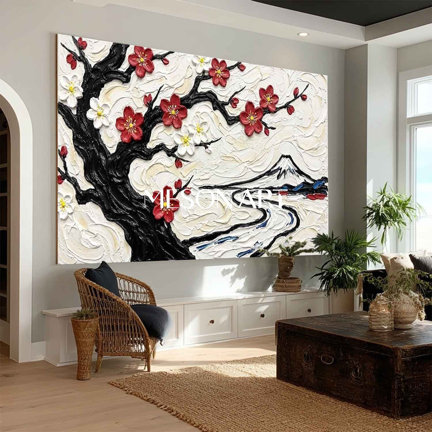 3D Textured Plum Blossom & Mount Fuji Oil Painting | Impasto Canvas Wall Art | MesonArt