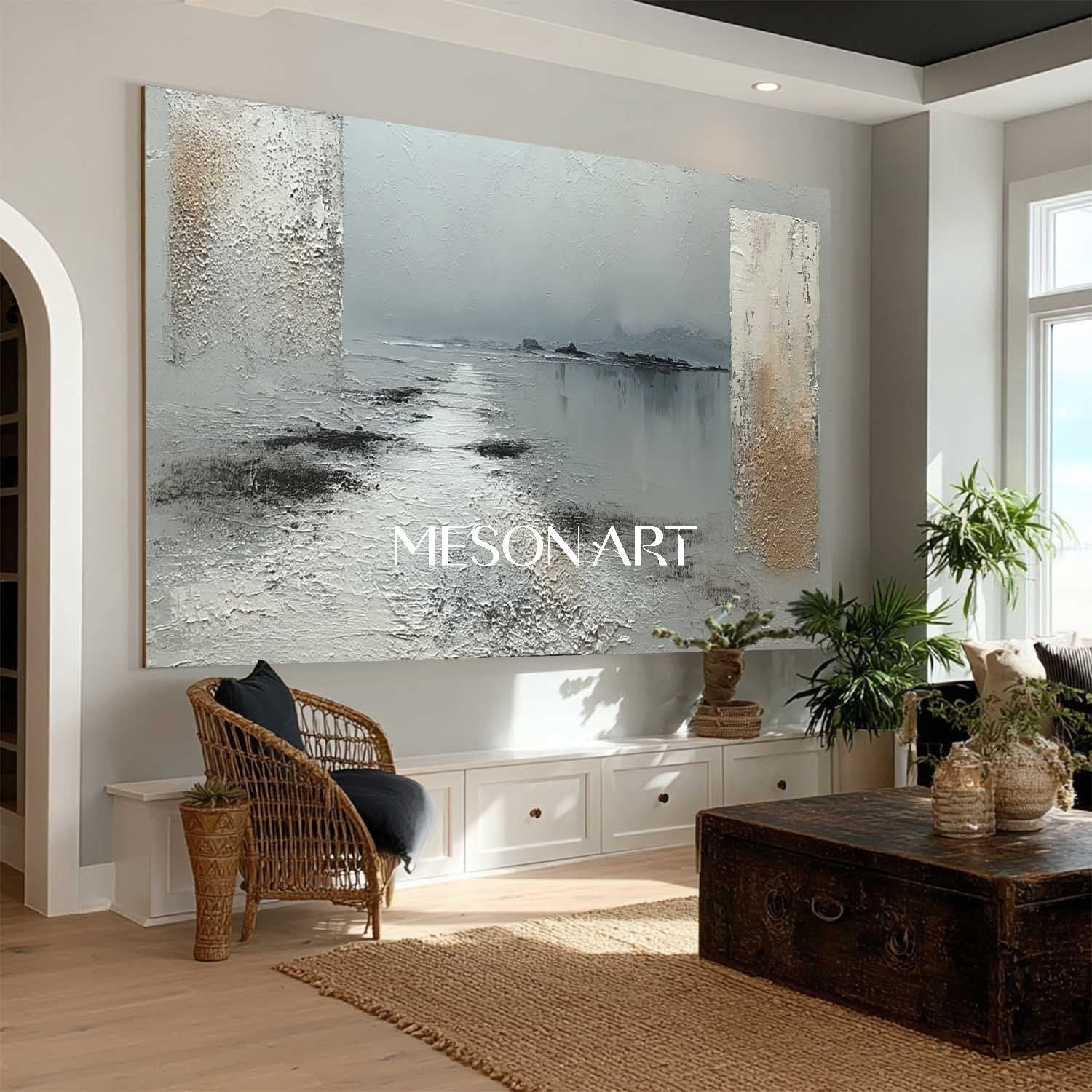 3D Light Grey Abstract Canvas Landscape Wall Painting Wabi-Sabi Art