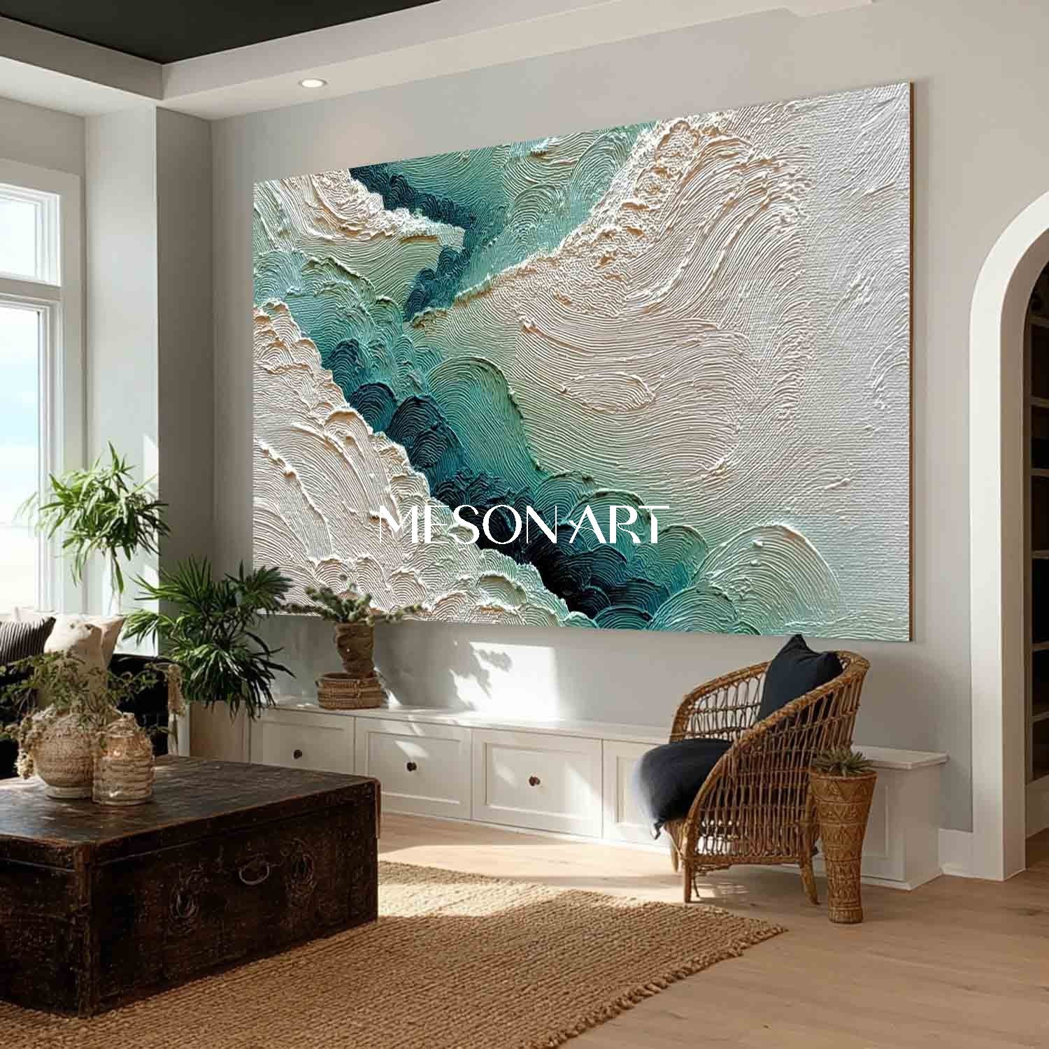 White and Green Abstract Texture Canvas Art for Living Room Decor Modern Wall Decor for Sale