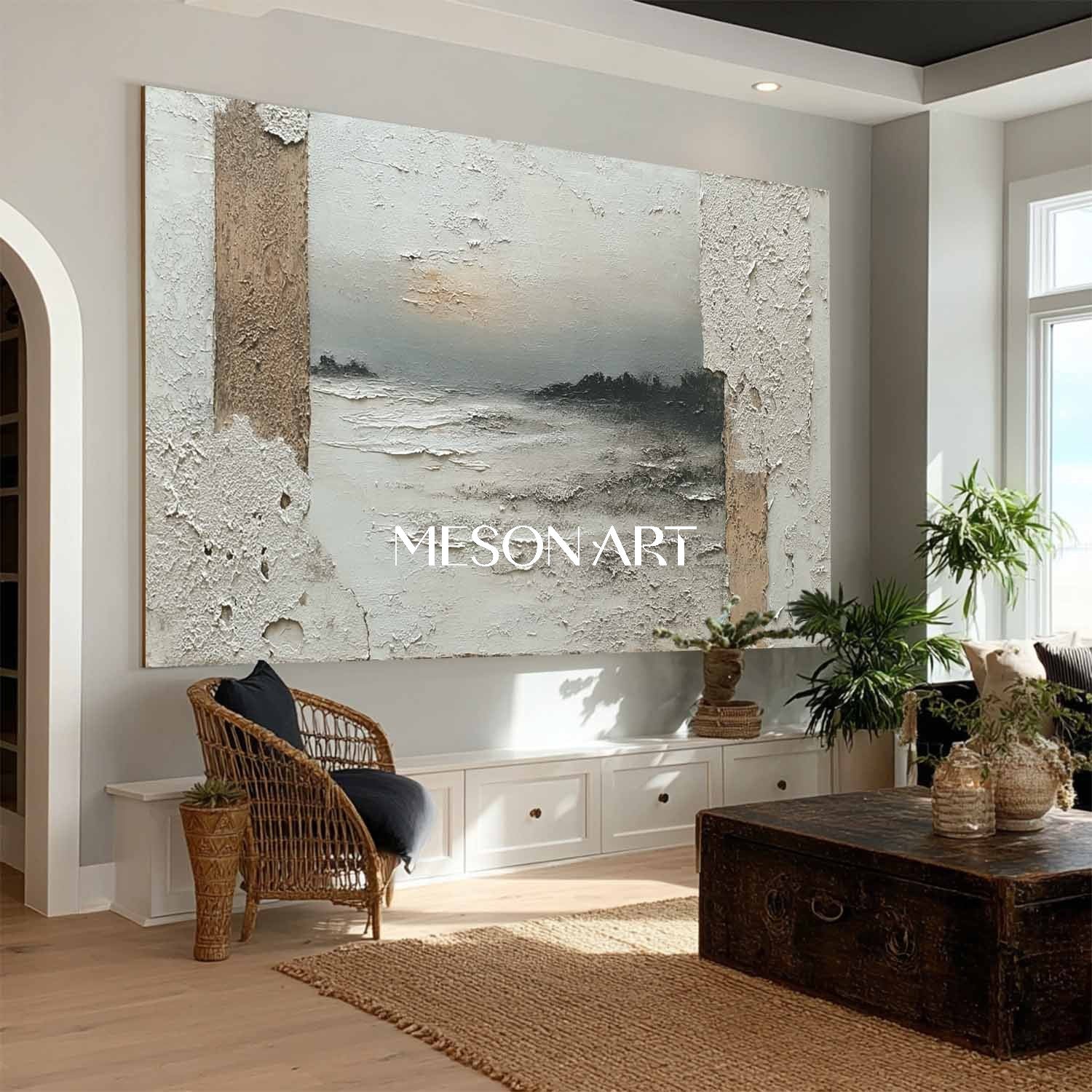 Large Gray Minimalist Landscape Painting Wabi-Sabi Textured Wall Art