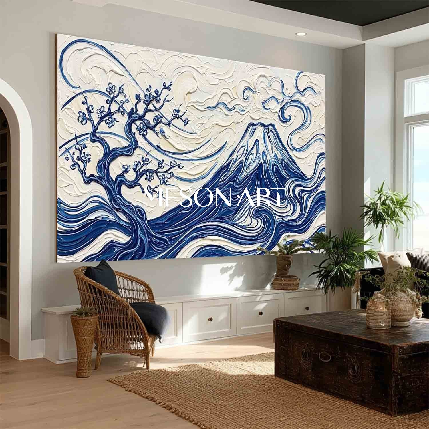 MesonArt 3D Textured Mount Fuji Oil Painting - Blue White Impasto Canvas Wall Art for Living Room
