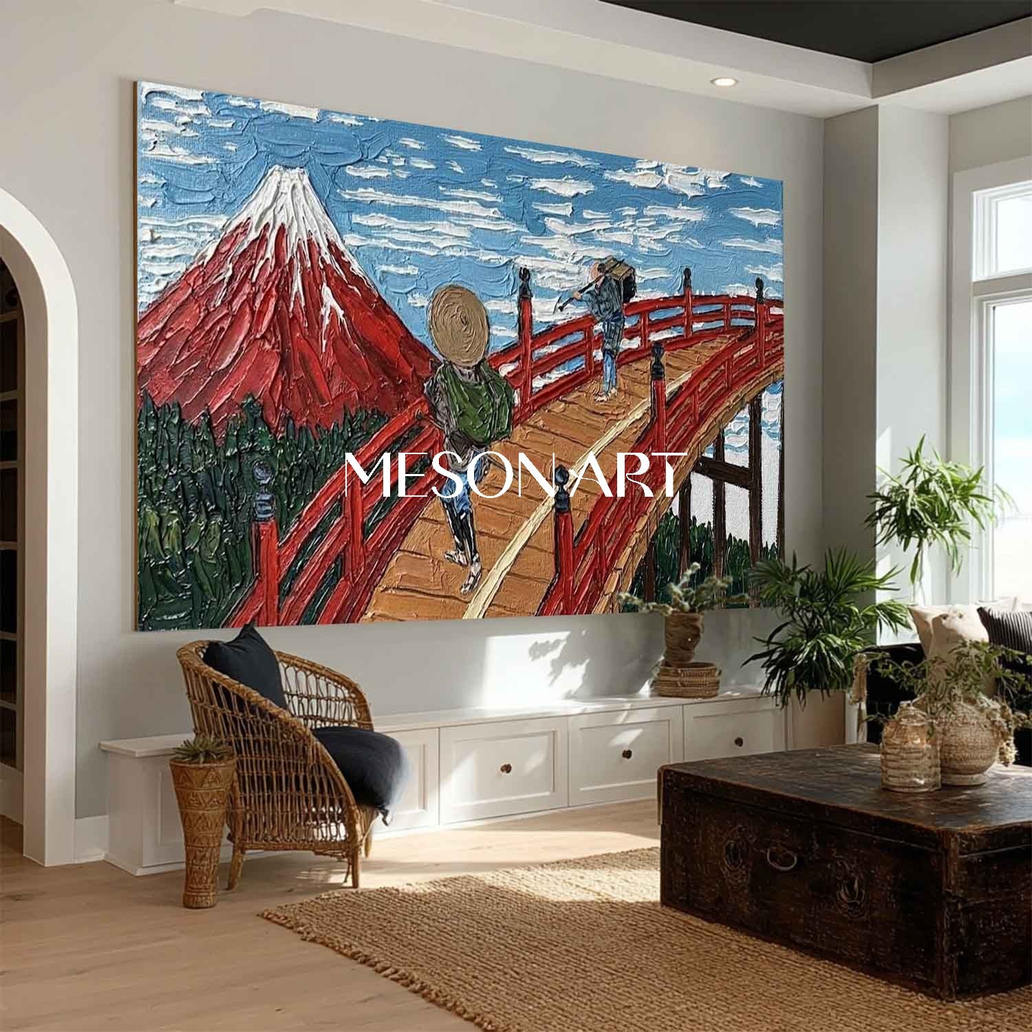 Red Mt Fuji & Japanese Bridge Art - 3D Textured Panoramic Oil Painting