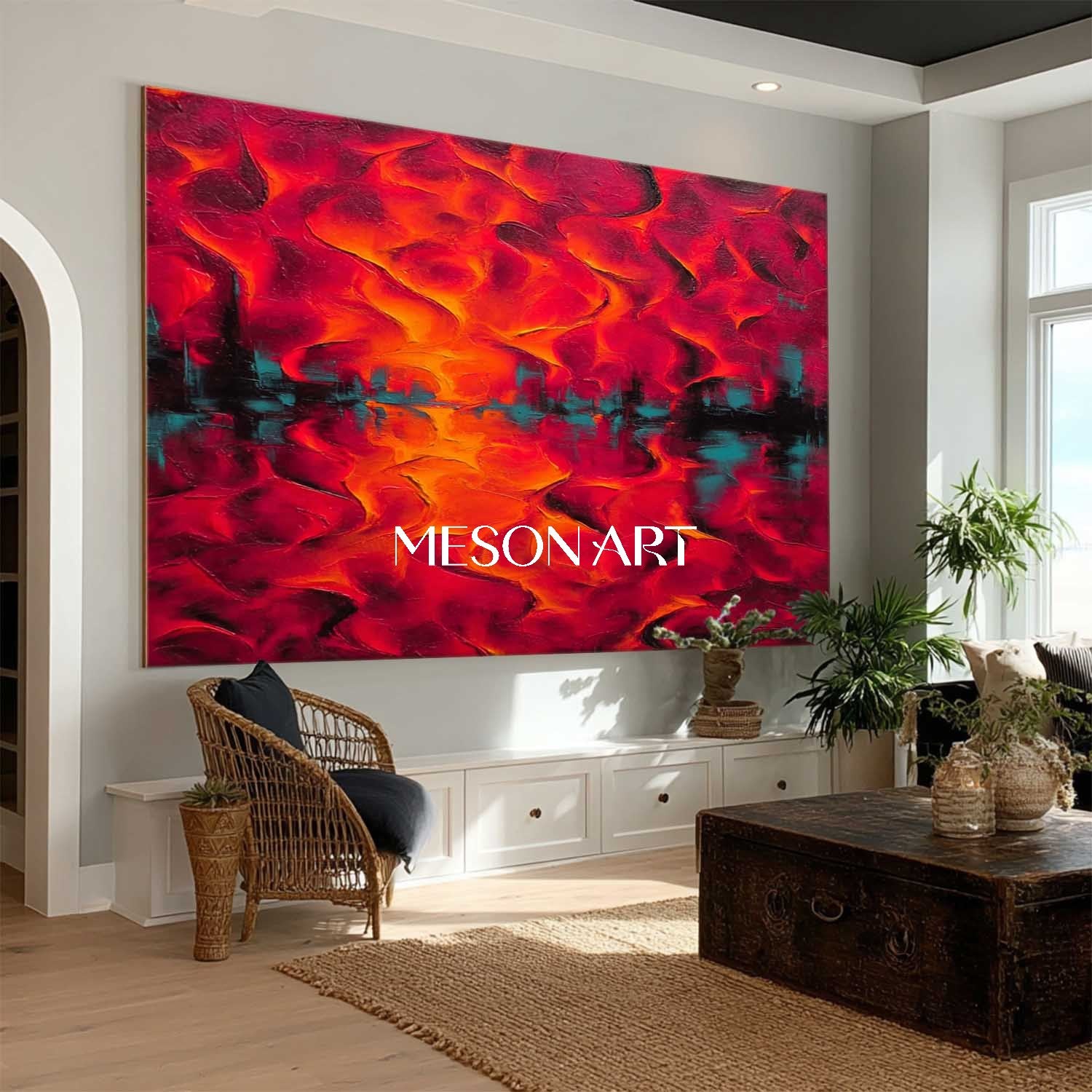Big Fiery Abstract Expressionist Oil Painting Large Red Wall Art Decor