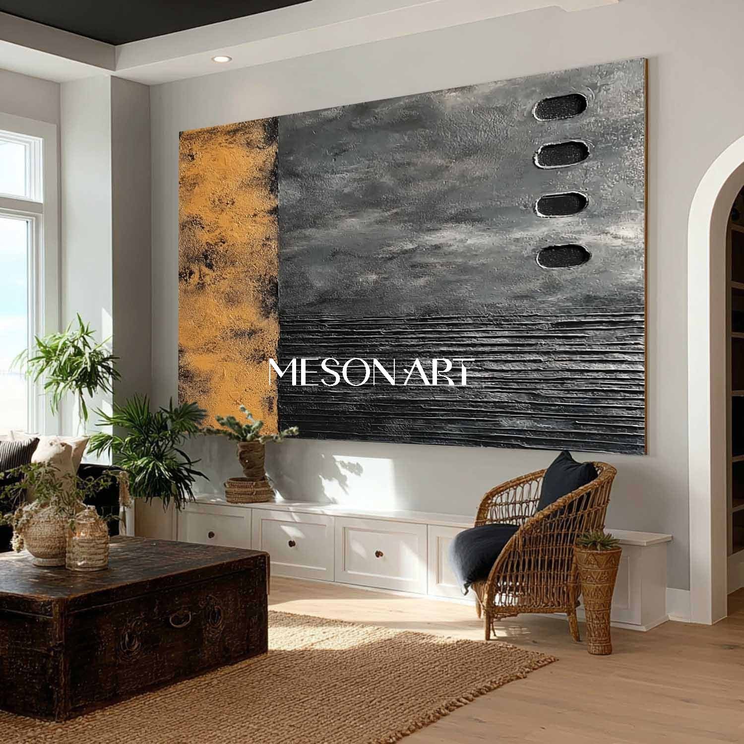 Large Hand-Painted Wabi-Sabi Black Abstract Art Canvas Living Room