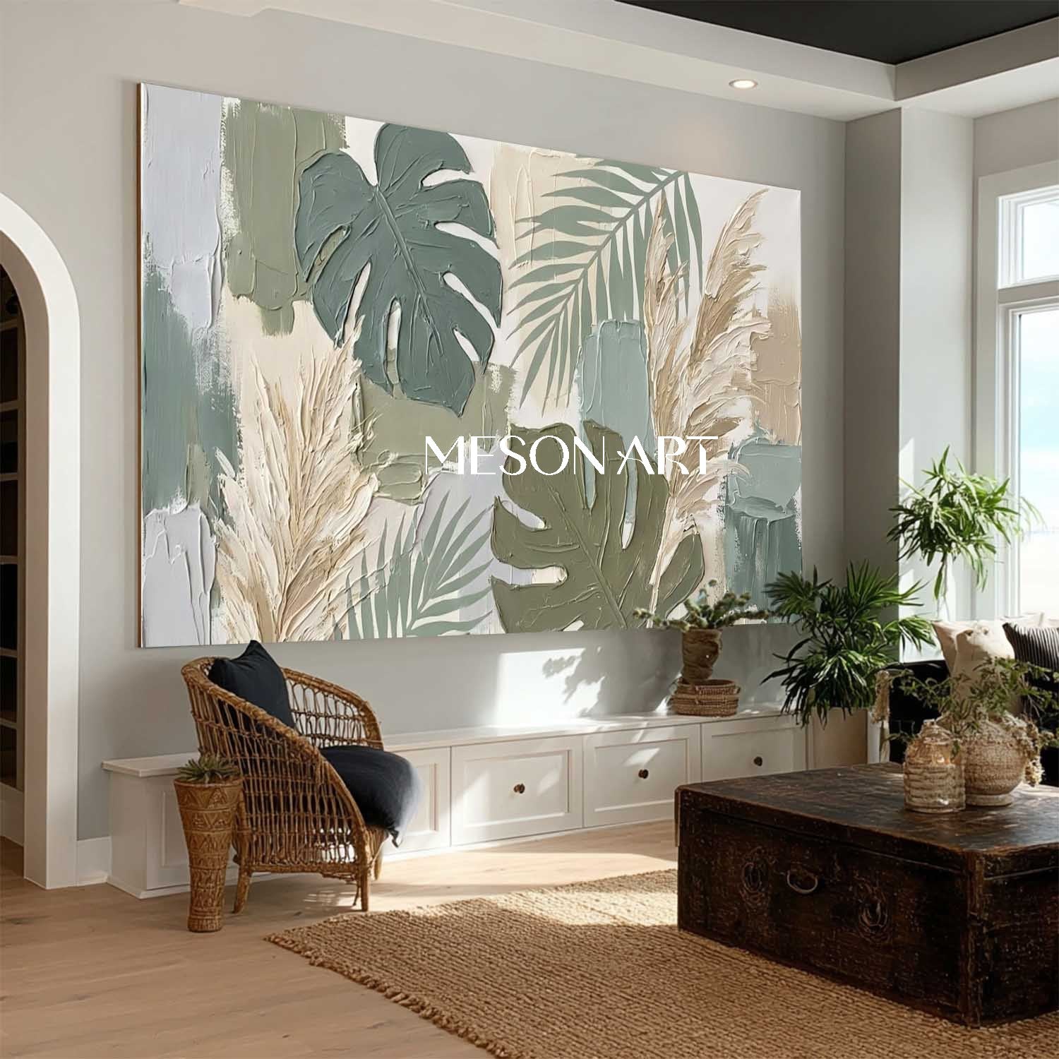 Large Panoramic Boho Art 3D Textured Monstera Art Green Canvas Painting