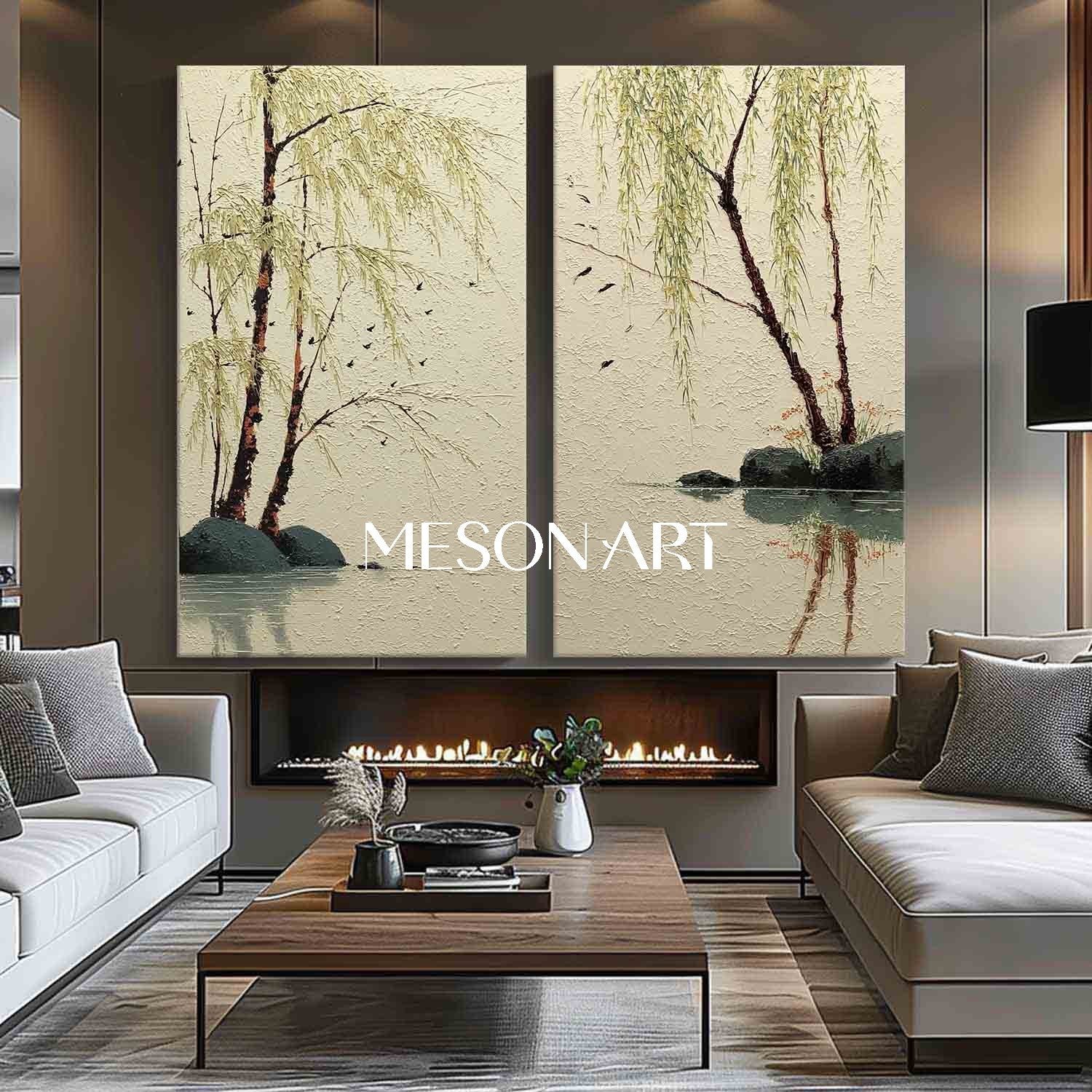Large 2-piece Textured Chinese-Style Nature Painting on Canvas – Willow Grove Scene | Mesonart