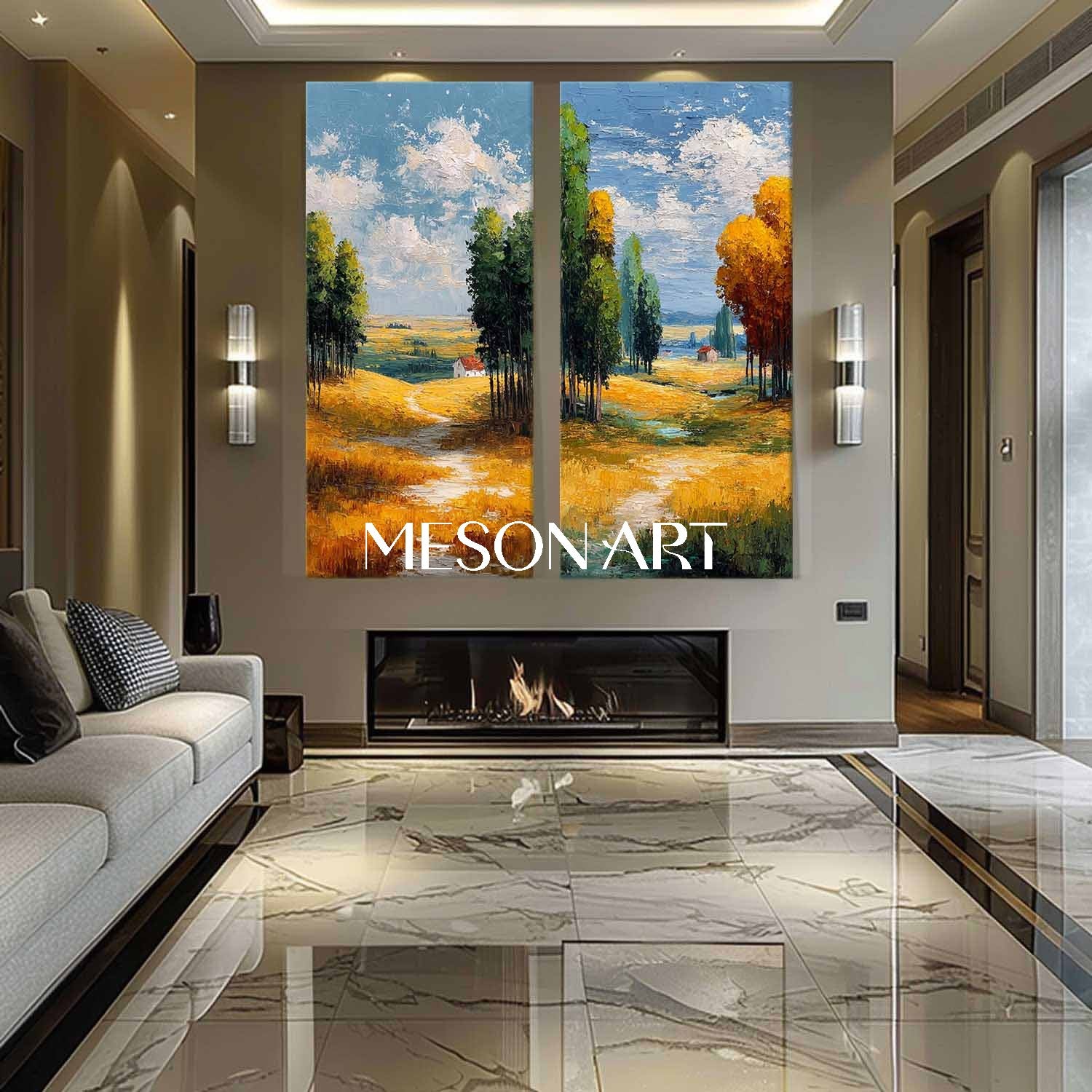 Large Fall Landscape Art Set of 2 Autumn Landscape Painting for Sale