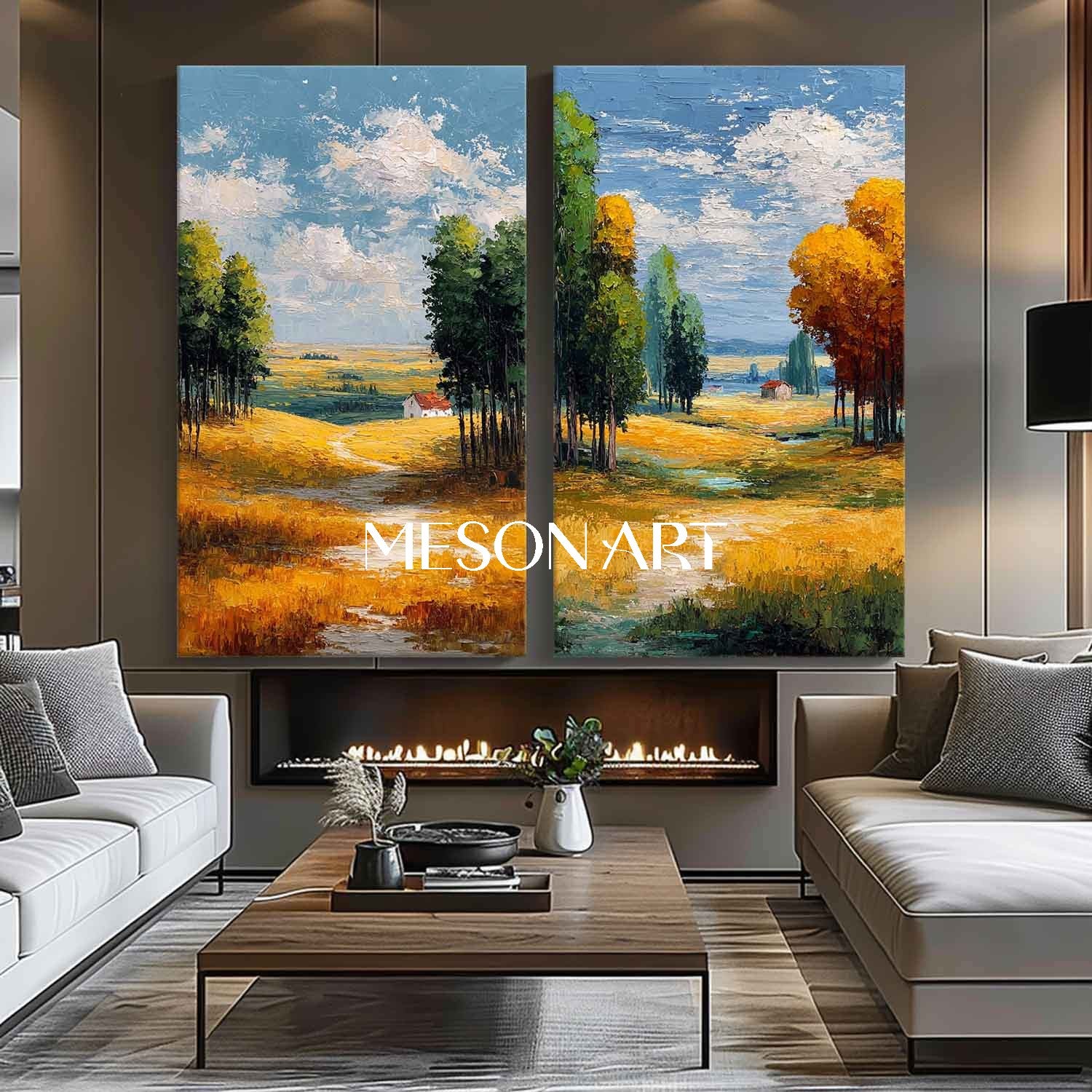 Large Fall Landscape Art Set of 2 Autumn Landscape Painting for Sale