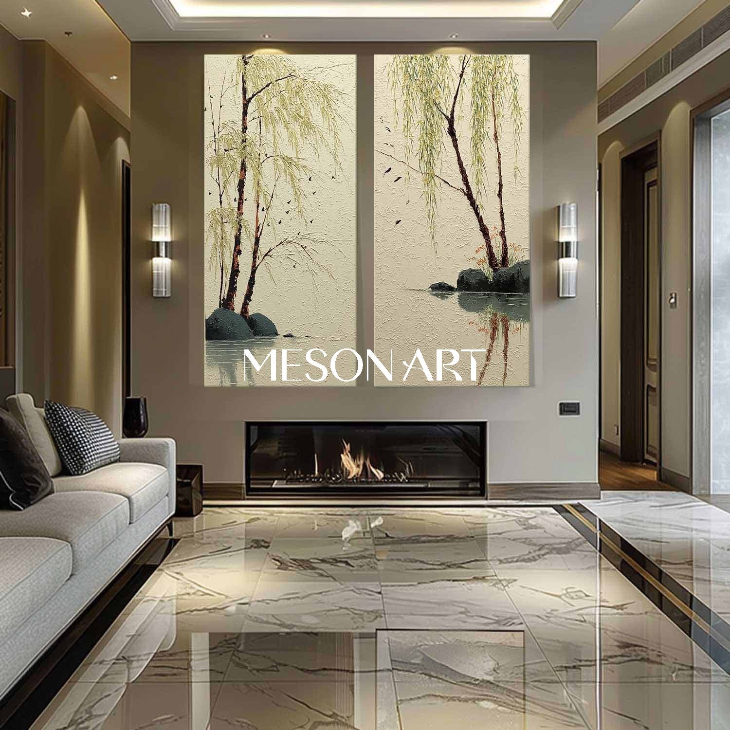 Large 2-piece Textured Chinese-Style Nature Painting on Canvas – Willow Grove Scene | Mesonart