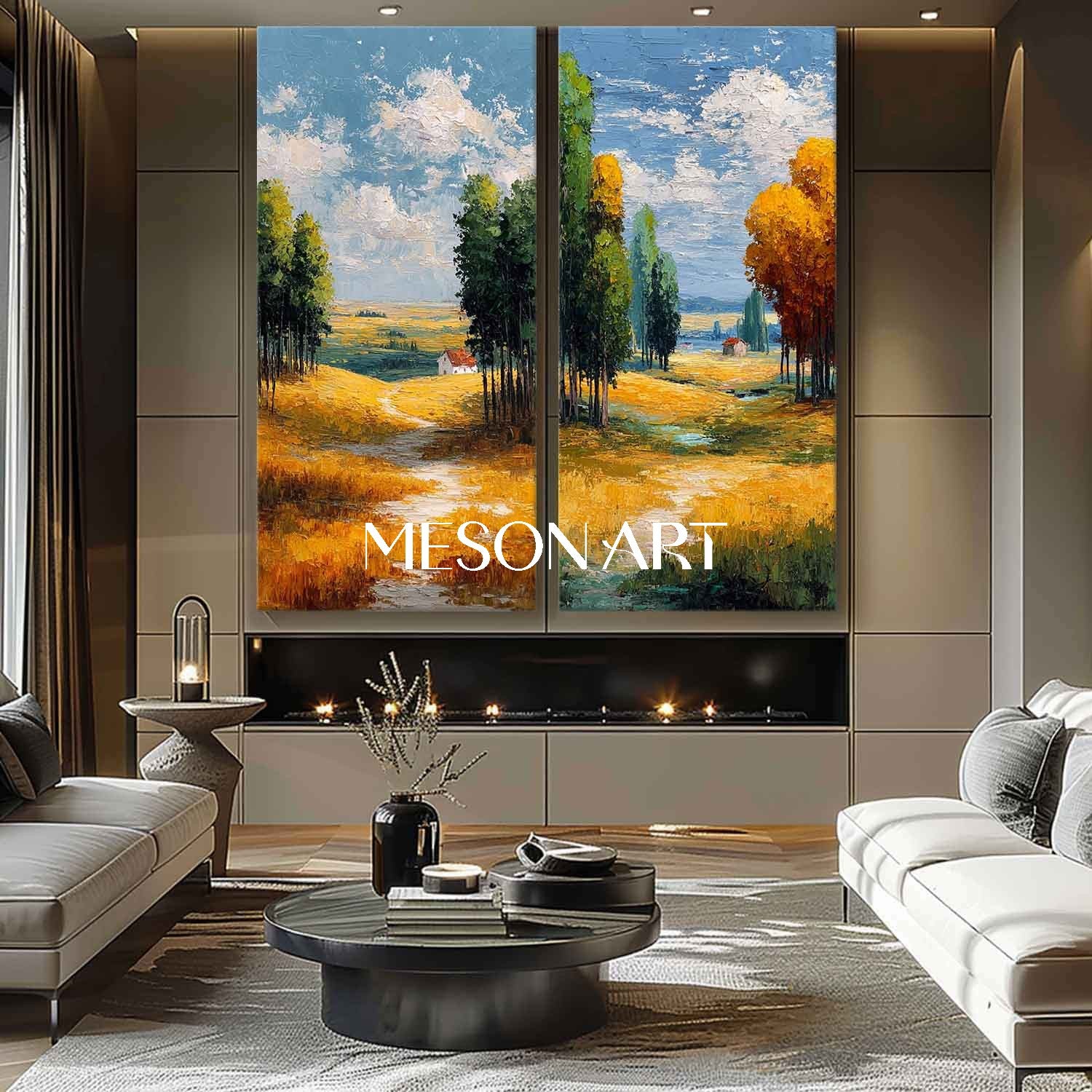 Large Fall Landscape Art Set of 2 Autumn Landscape Painting for Sale
