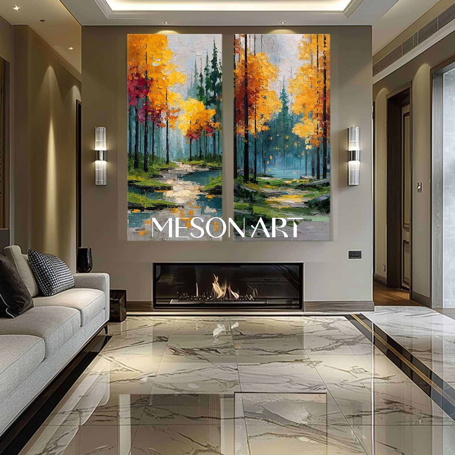 Large Handmade Autumn Canvas Art 2-piece Set Colorful Autumn Scene Art