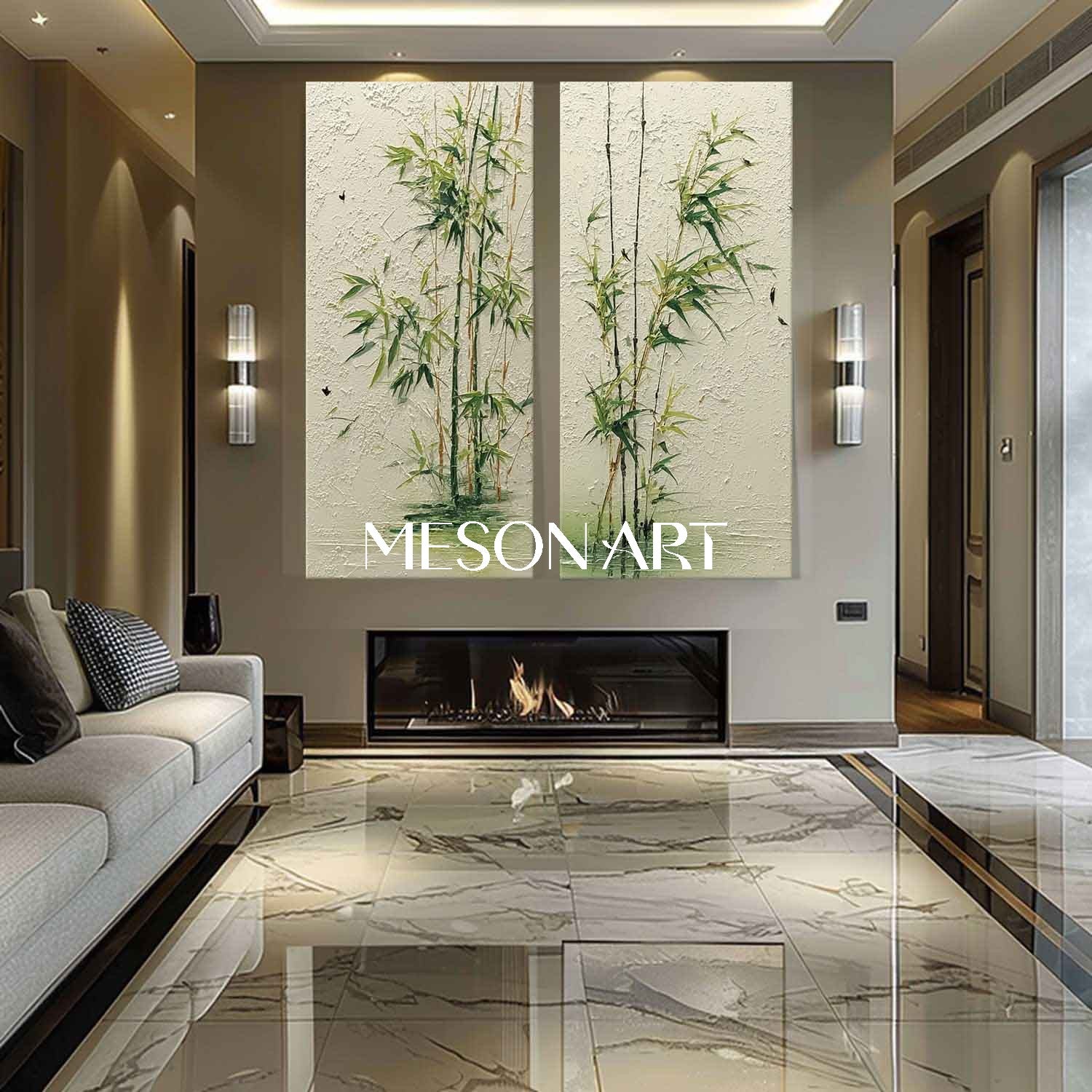Large 2-piece Minimal Bamboo Forest Painting for Calm Entryways | Mesonart Future Earth Collection