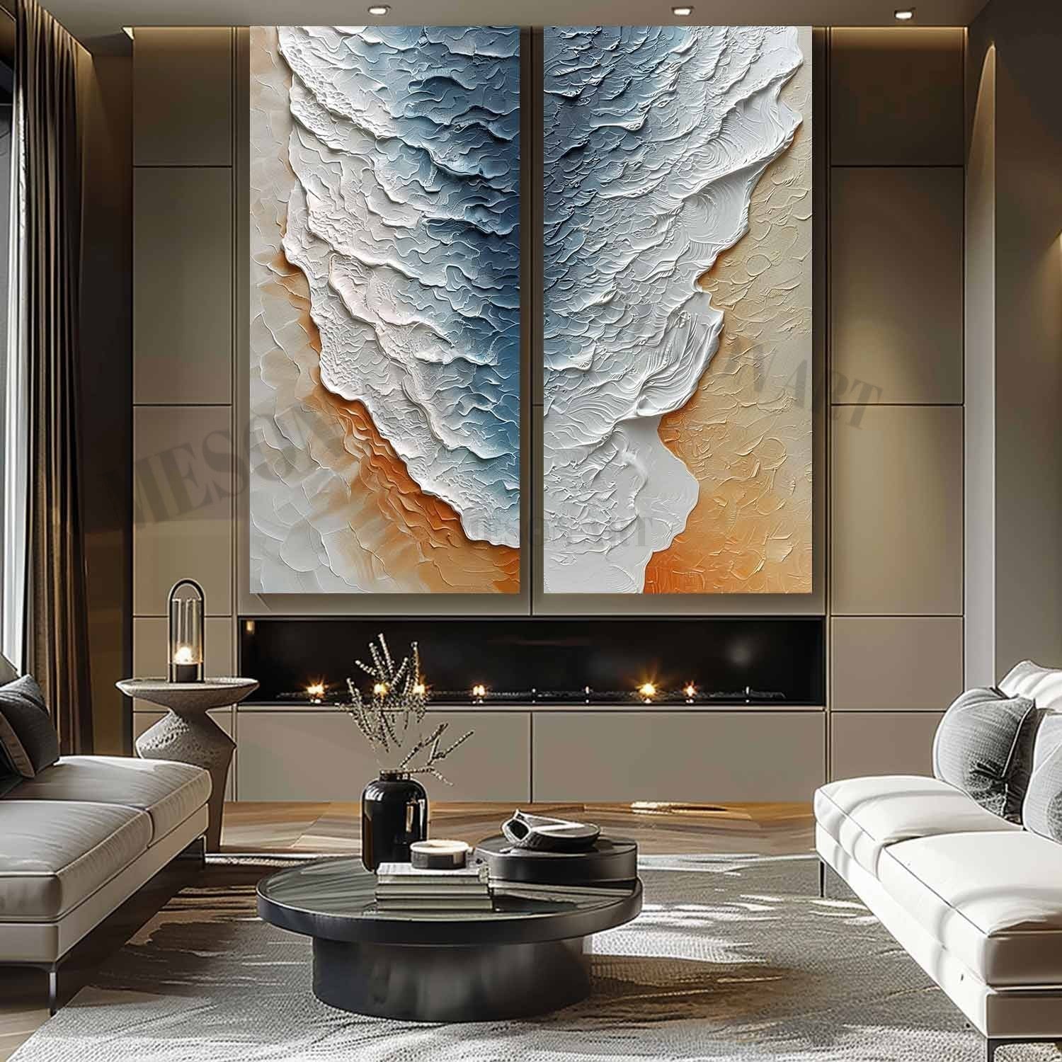 Large 3D White and Blue Ocean Wave Beach Texture Painting Set of 2 Ocean Wave Beach Canvas Wall Art