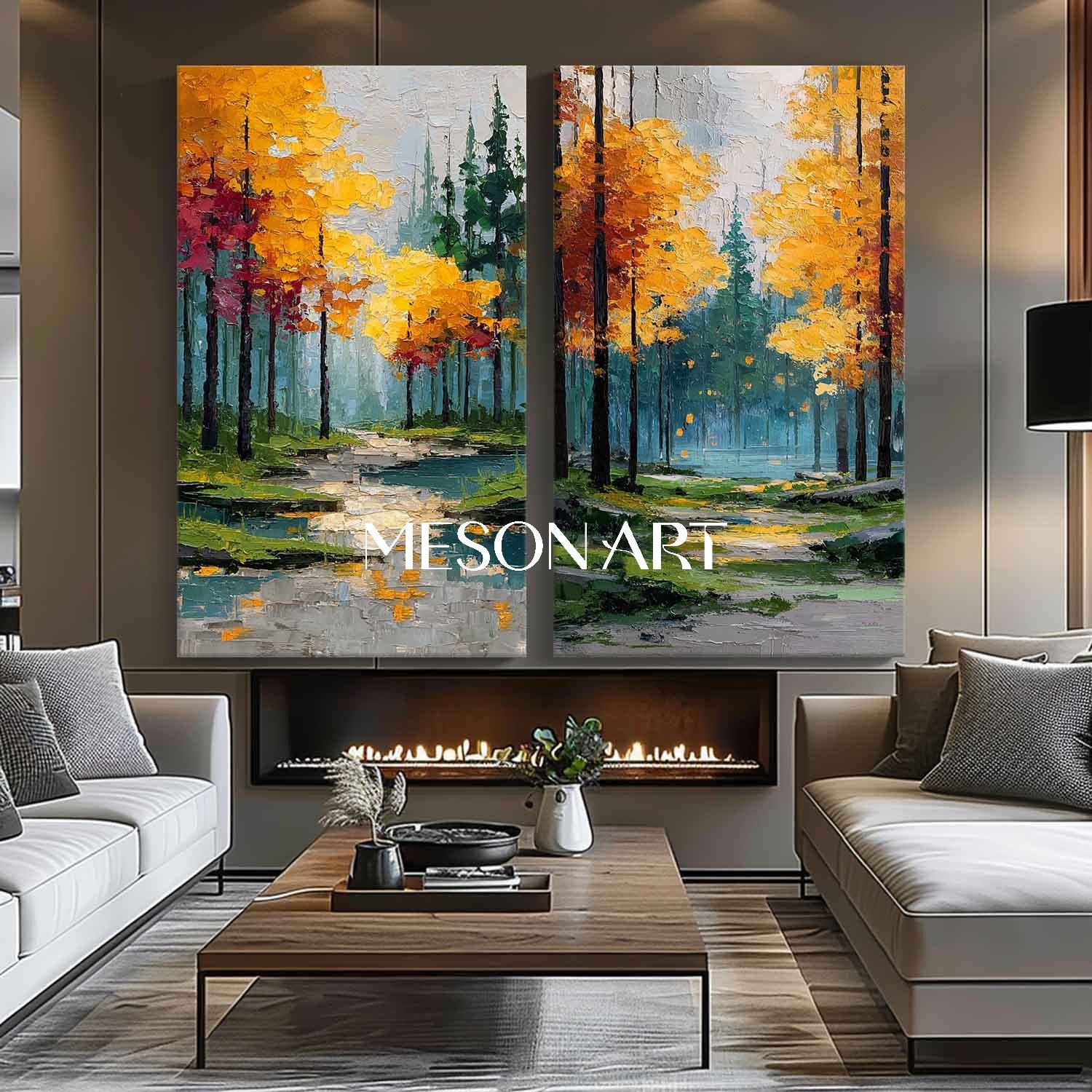 Large Handmade Autumn Canvas Art 2-piece Set Colorful Autumn Scene Art
