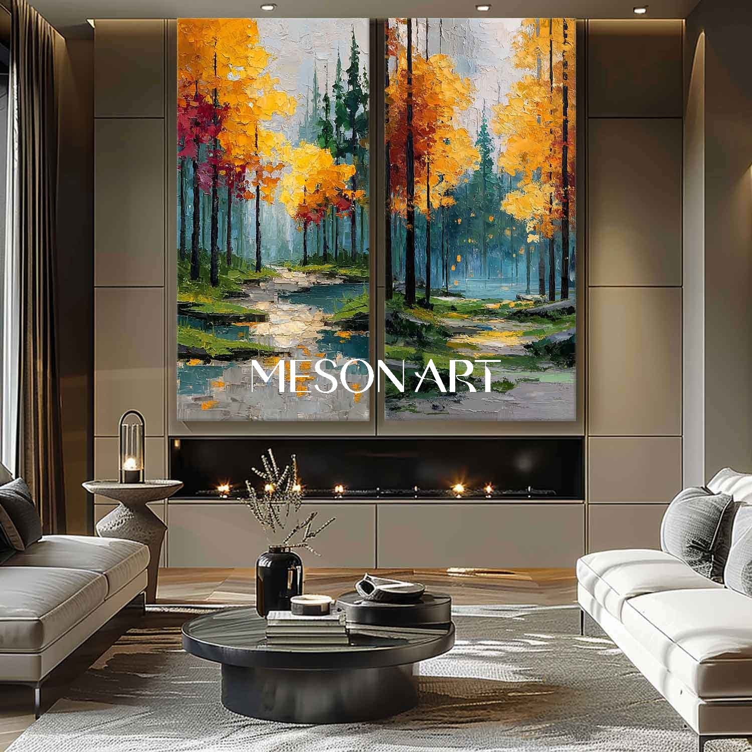 Large Handmade Autumn Canvas Art 2-piece Set Colorful Autumn Scene Art