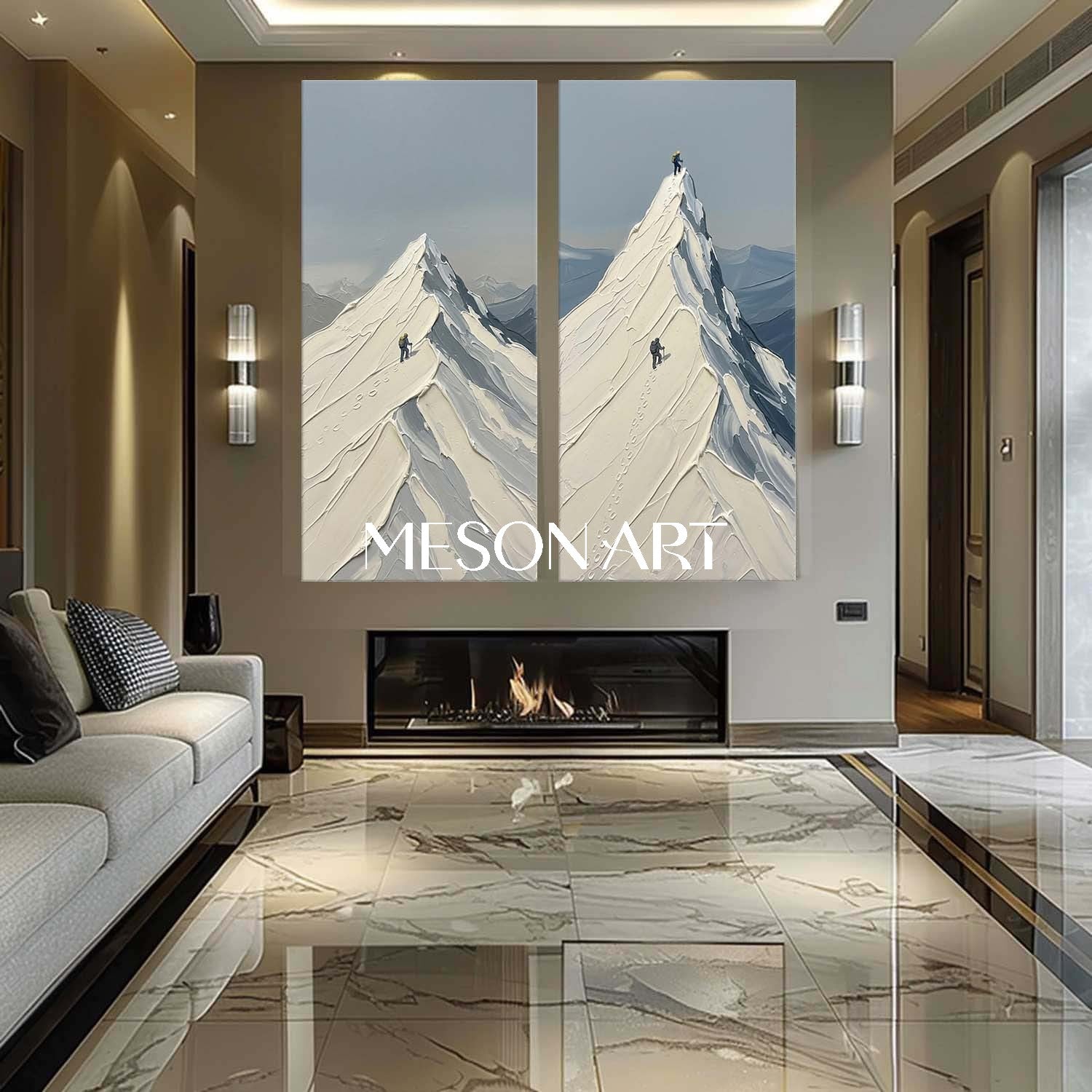 Hand-painted Thick Impasto Mountain Climber Oil Painting Diptych Wall Art | MesonArt
