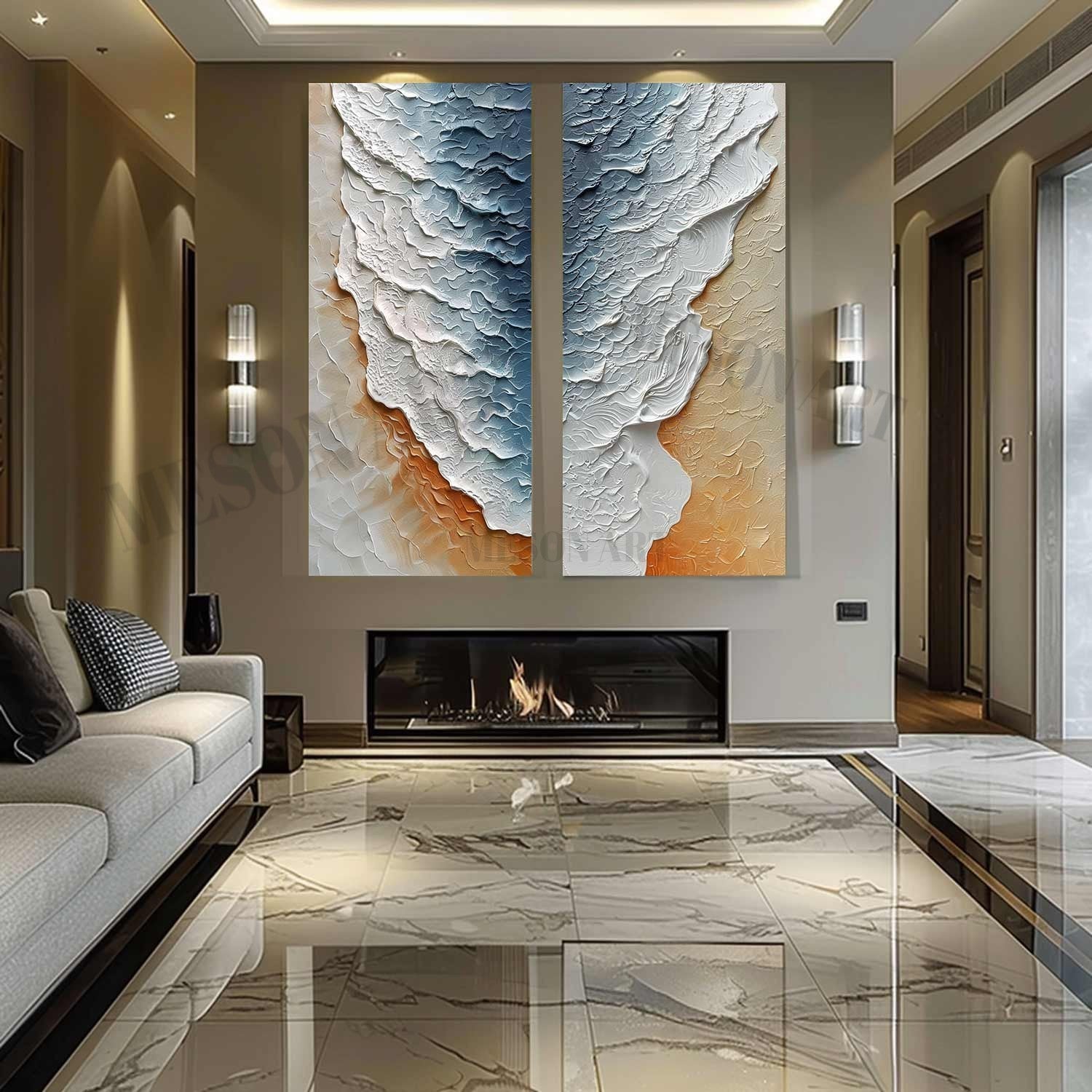 Large 3D White and Blue Ocean Wave Beach Texture Painting Set of 2 Ocean Wave Beach Canvas Wall Art