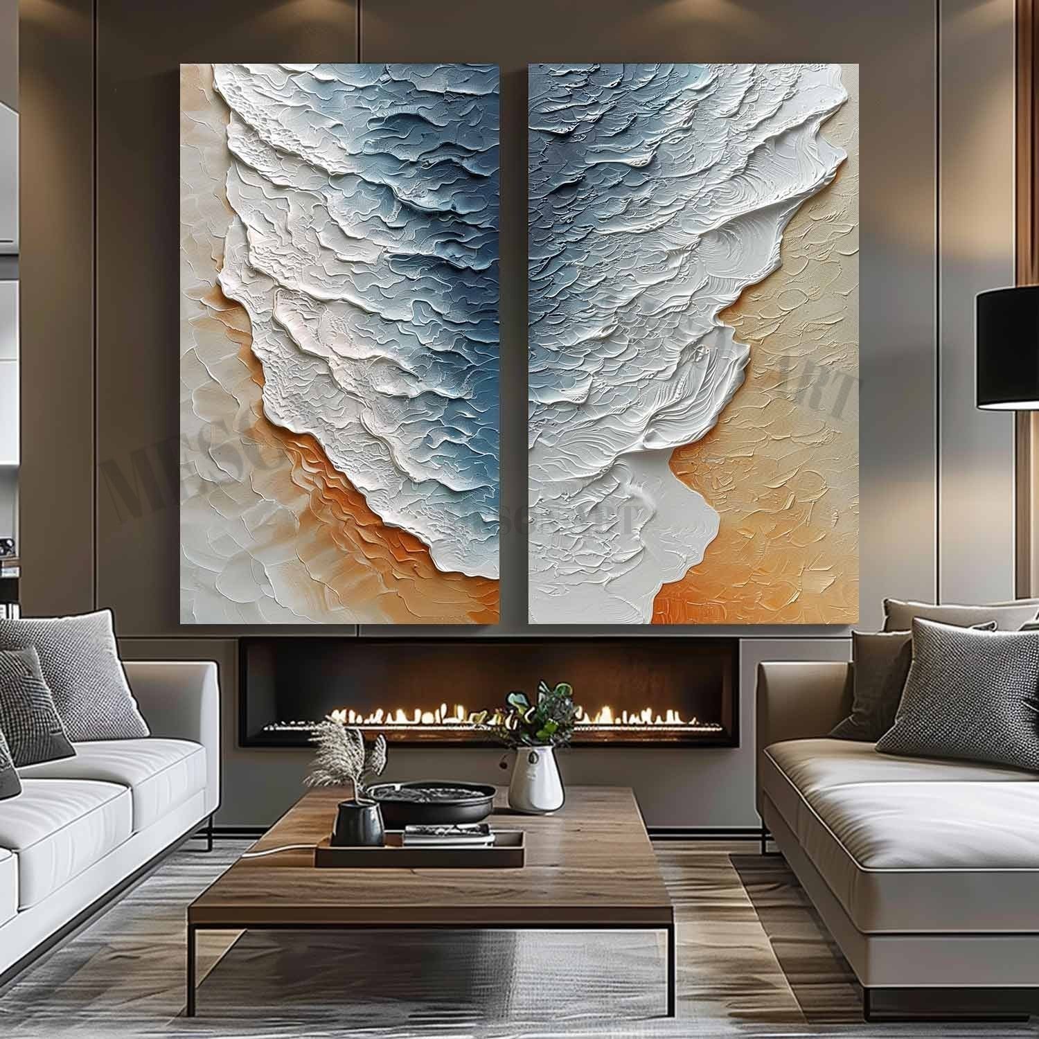 Large 3D White and Blue Ocean Wave Beach Texture Painting Set of 2 Ocean Wave Beach Canvas Wall Art