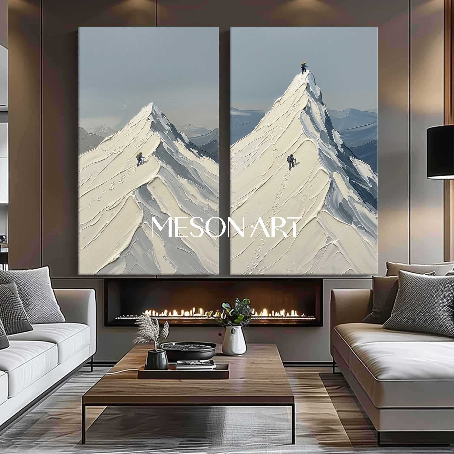 Hand-painted Thick Impasto Mountain Climber Oil Painting Diptych Wall Art | MesonArt