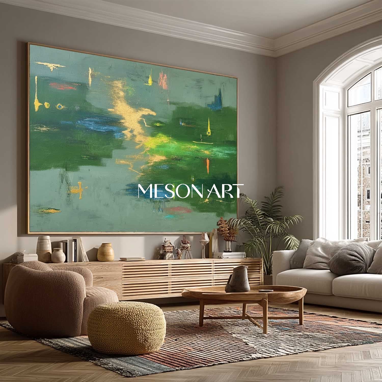 Large Abstract Green Painting Contemporary Colorful Wall Art Entryway