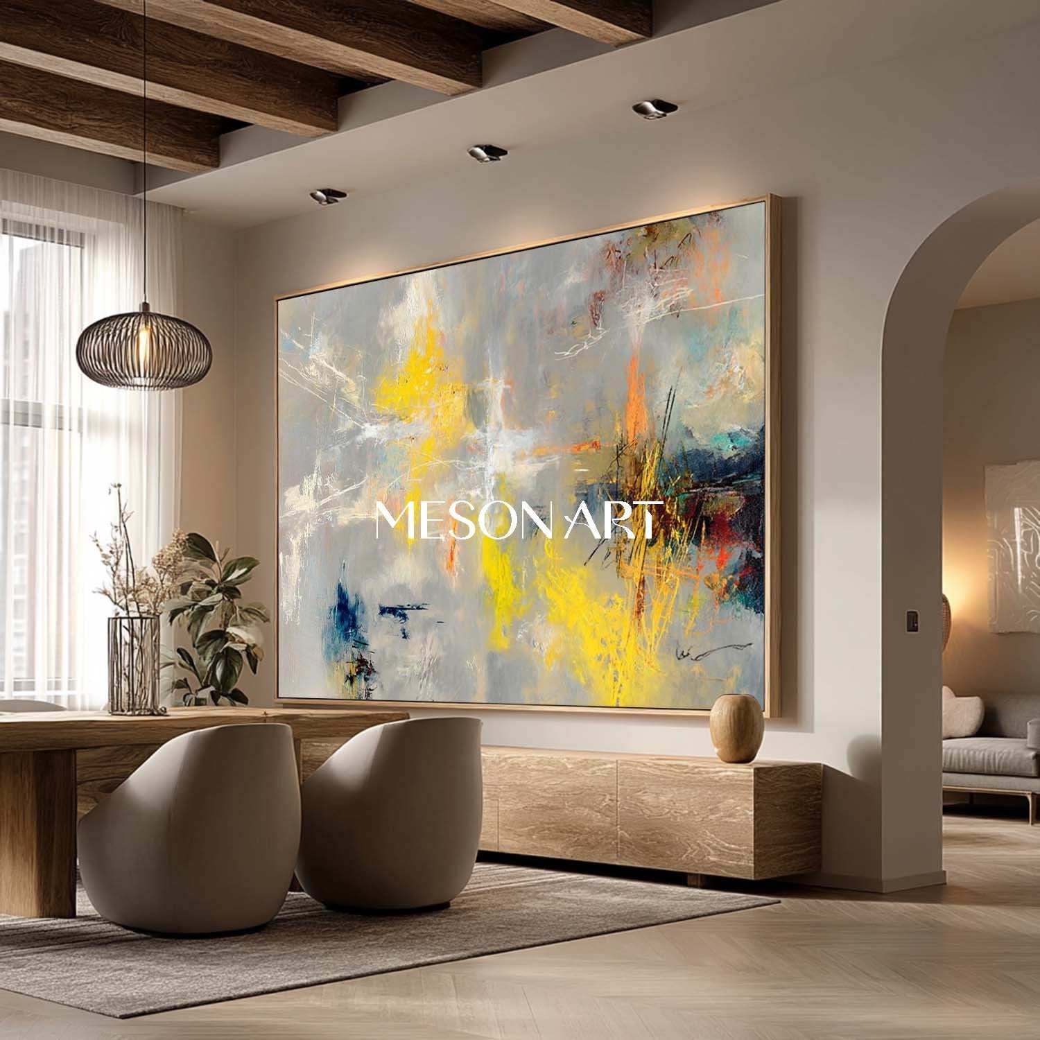 Gray Gold Contemporary Hand-Painted Canvas Oversized Bedroom Wall Art