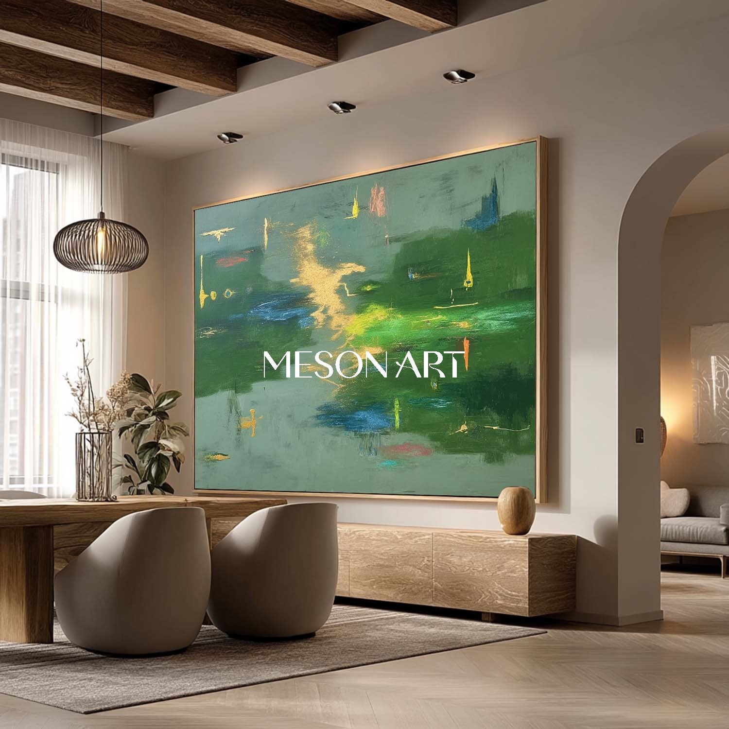 Large Abstract Green Painting Contemporary Colorful Wall Art Entryway