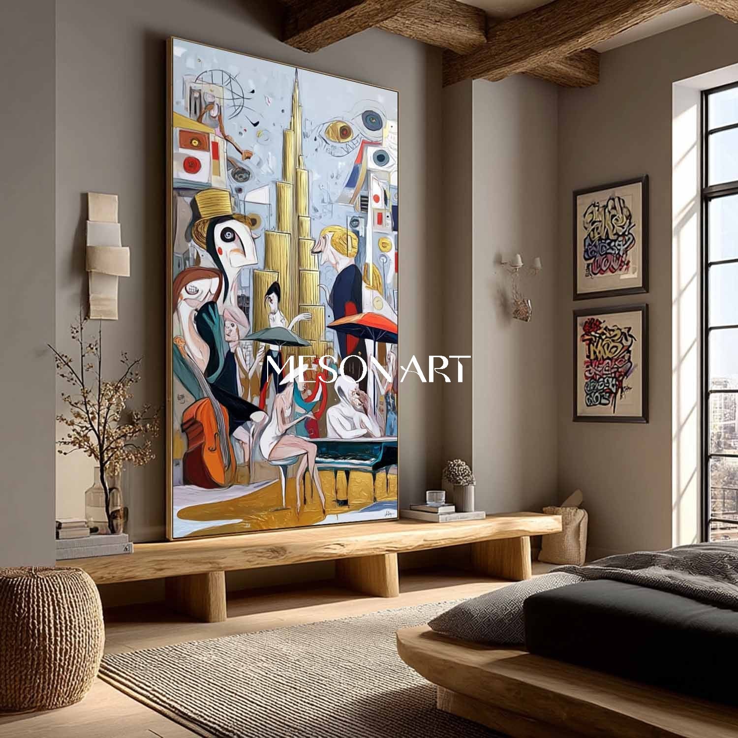 Vertical Abstract Cubism Hand Painted Custom Canvas Entryway Wall Art