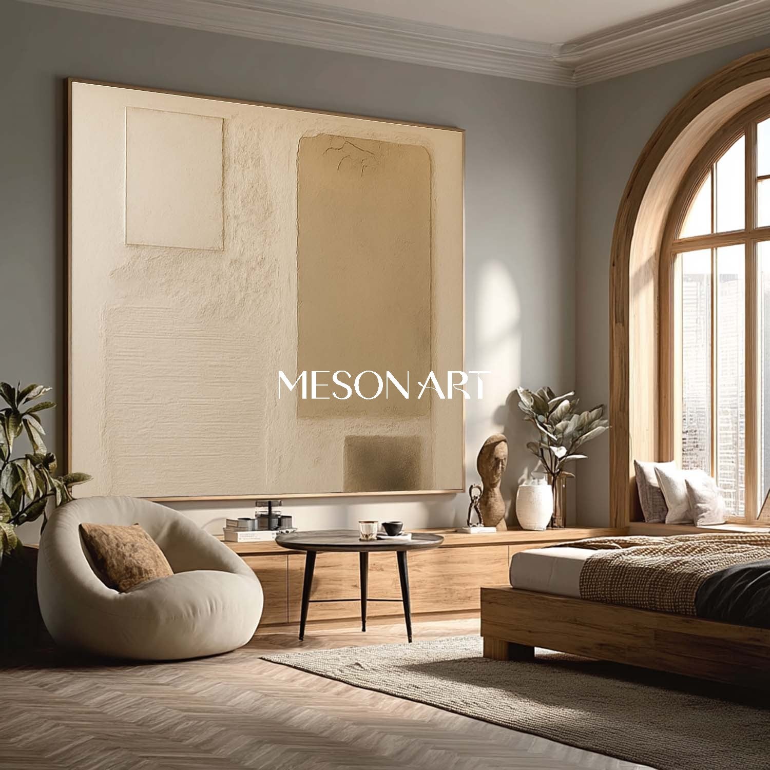 Large Horizontal Hand Painted Textured Canvas Wabi-Sabi Framed Art