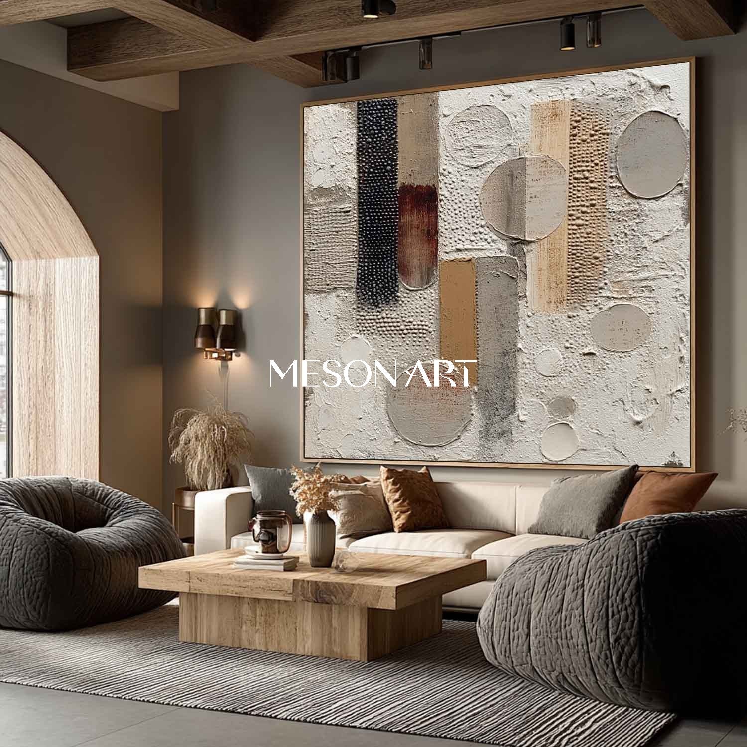 Minimalist Textured Large Beige Canvas Hand-Painted Plaster Wall Art