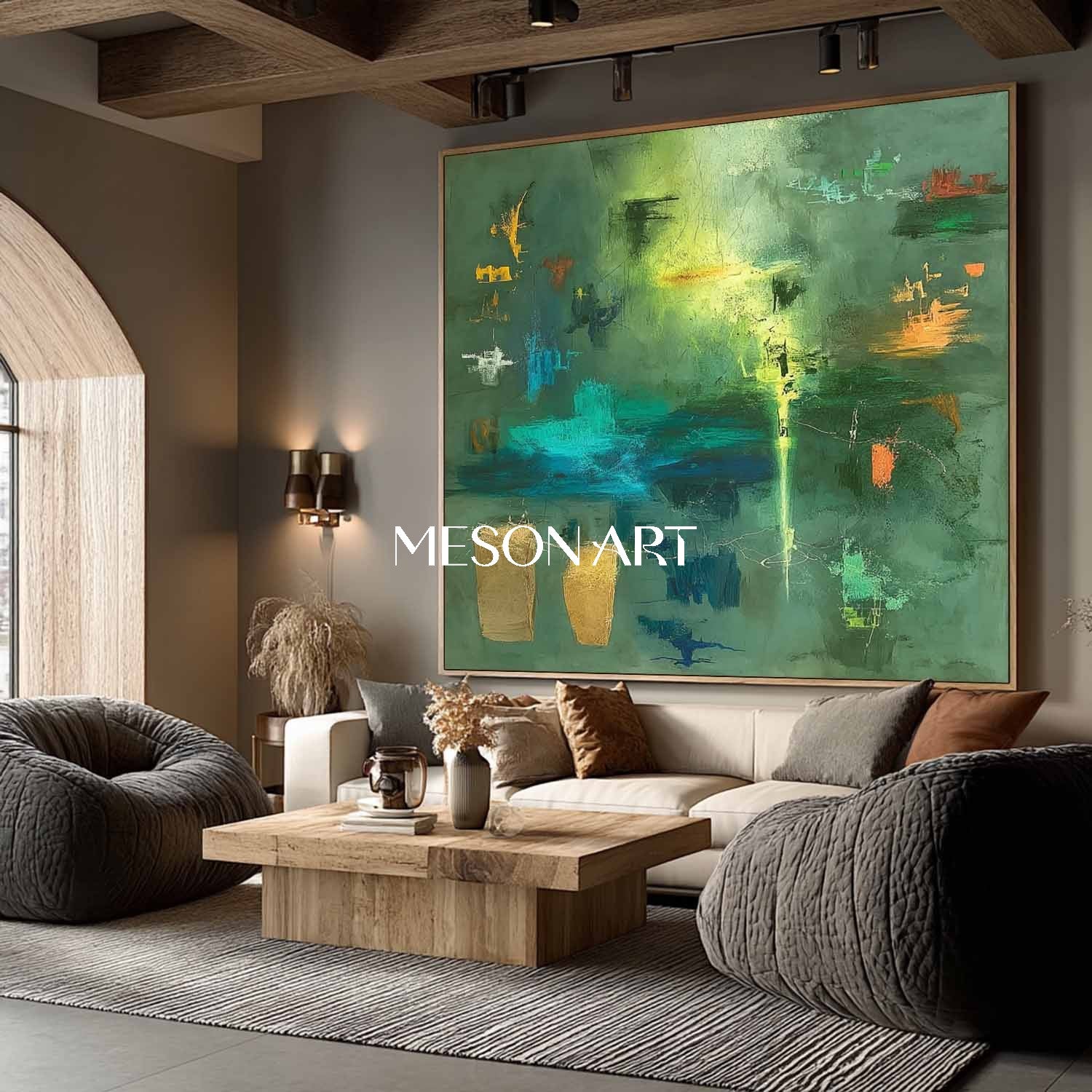 Large Green Abstract Rainforest Painting Vibrant Canvas Entryway